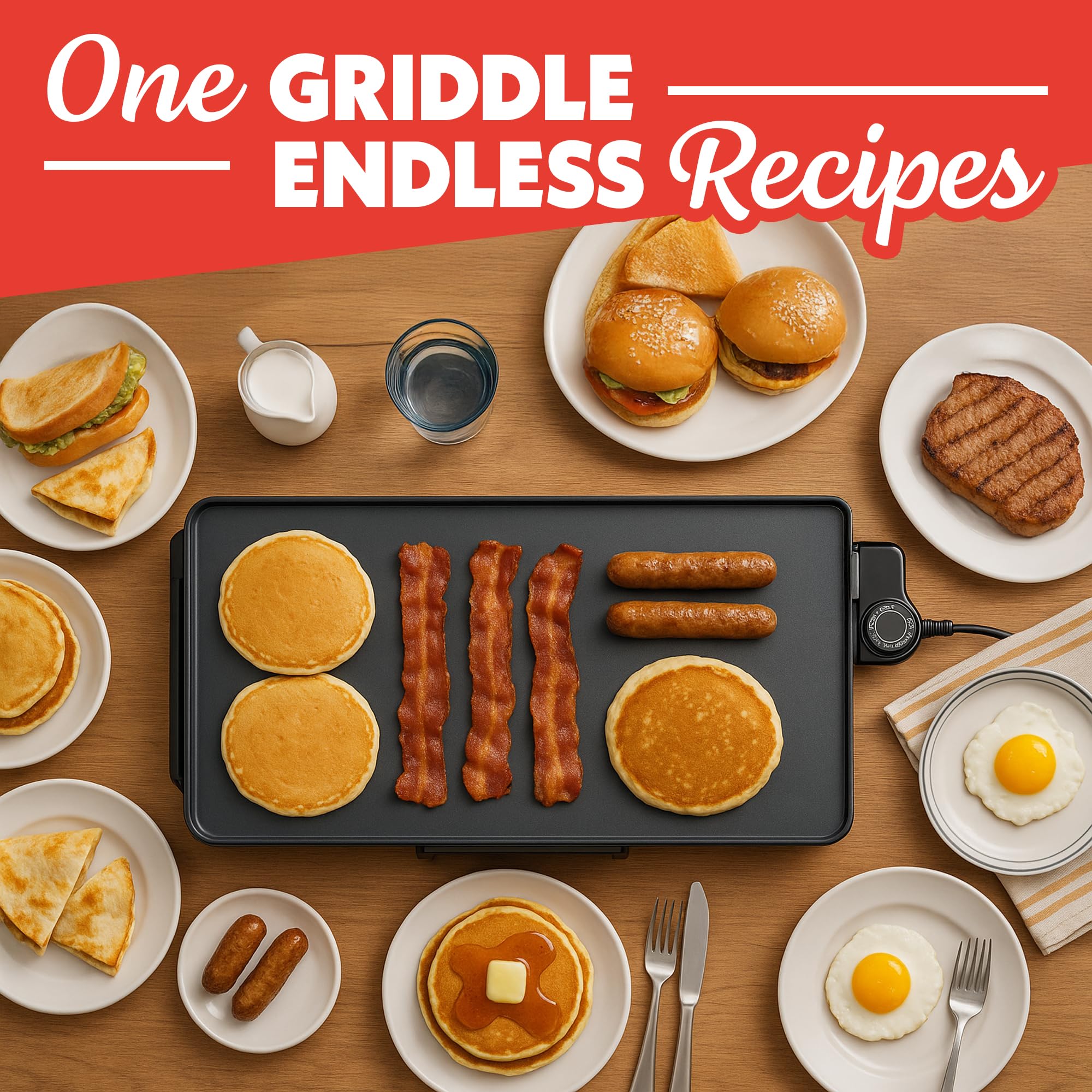 Gourmia 22 Inch XL Electric Griddle Pan - Nonstick Extra Large Flat Top Ceramic Surface, Countertop Cooker, Adjustable 200°F–400°F, Pull-Out Drip Tray, Compact Handle-Free Design - Image 2