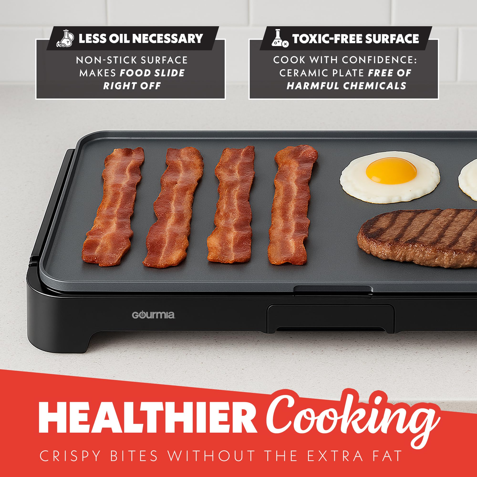 Gourmia 22 Inch XL Electric Griddle Pan - Nonstick Extra Large Flat Top Ceramic Surface, Countertop Cooker, Adjustable 200°F–400°F, Pull-Out Drip Tray, Compact Handle-Free Design - Image 3