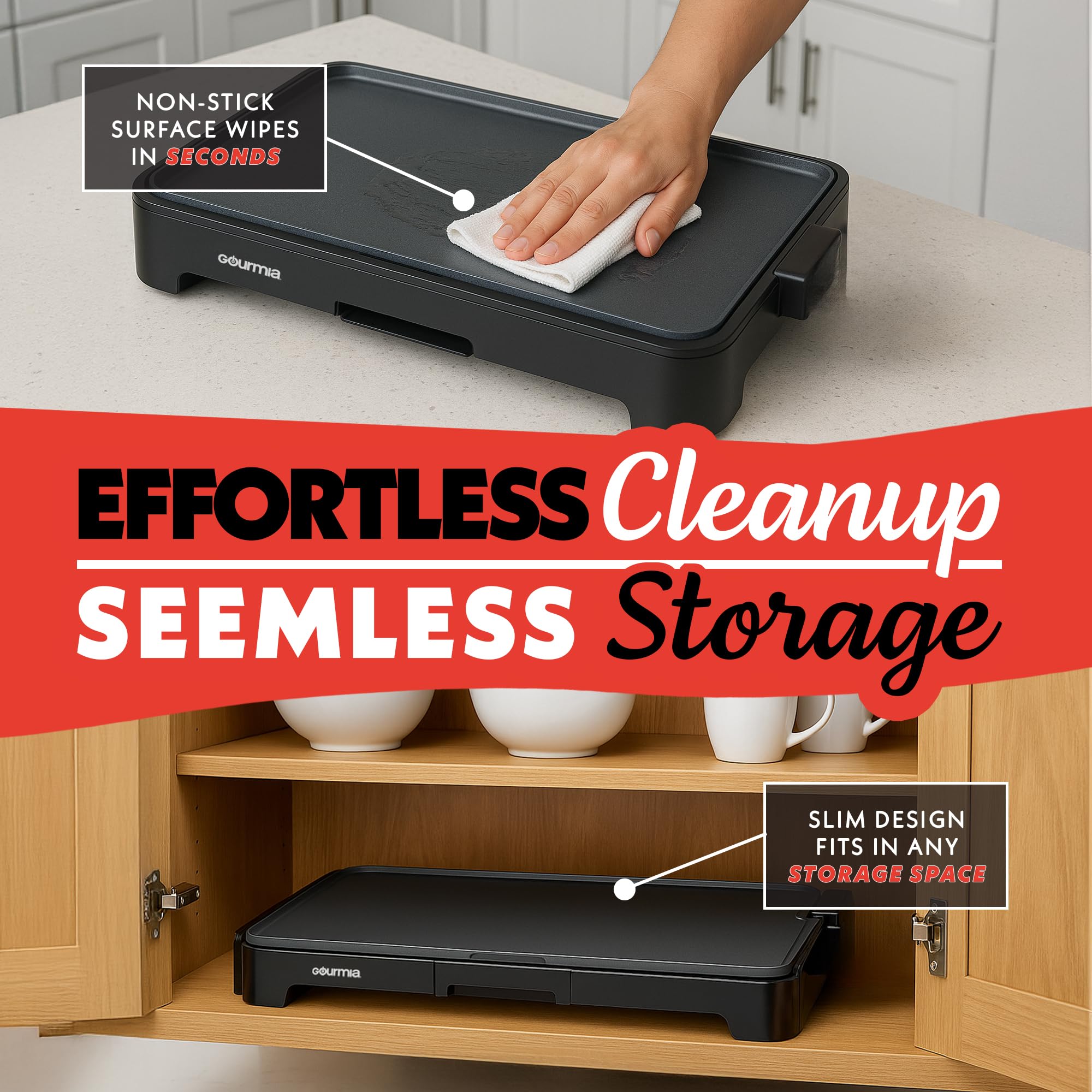 Gourmia 22 Inch XL Electric Griddle Pan - Nonstick Extra Large Flat Top Ceramic Surface, Countertop Cooker, Adjustable 200°F–400°F, Pull-Out Drip Tray, Compact Handle-Free Design - Image 5