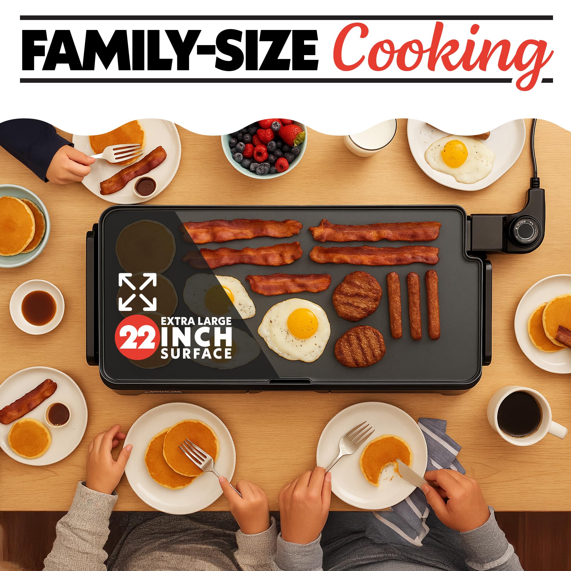 Gourmia 22 Inch XL Electric Griddle Pan - Nonstick Extra Large Flat Top Ceramic Surface, Countertop Cooker, Adjustable 200°F–400°F, Pull-Out Drip Tray, Compact Handle-Free Design - Image 6