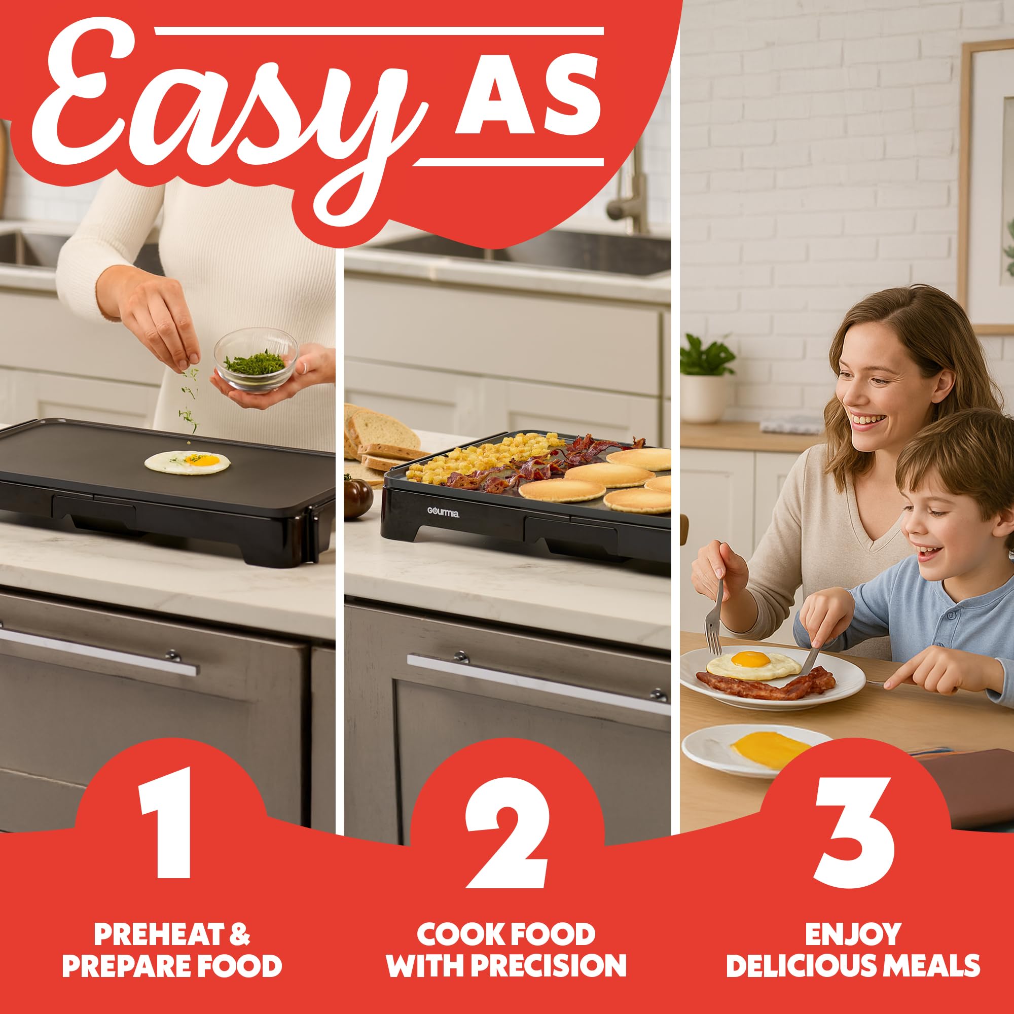 Gourmia 22 Inch XL Electric Griddle Pan - Nonstick Extra Large Flat Top Ceramic Surface, Countertop Cooker, Adjustable 200°F–400°F, Pull-Out Drip Tray, Compact Handle-Free Design - Image 8