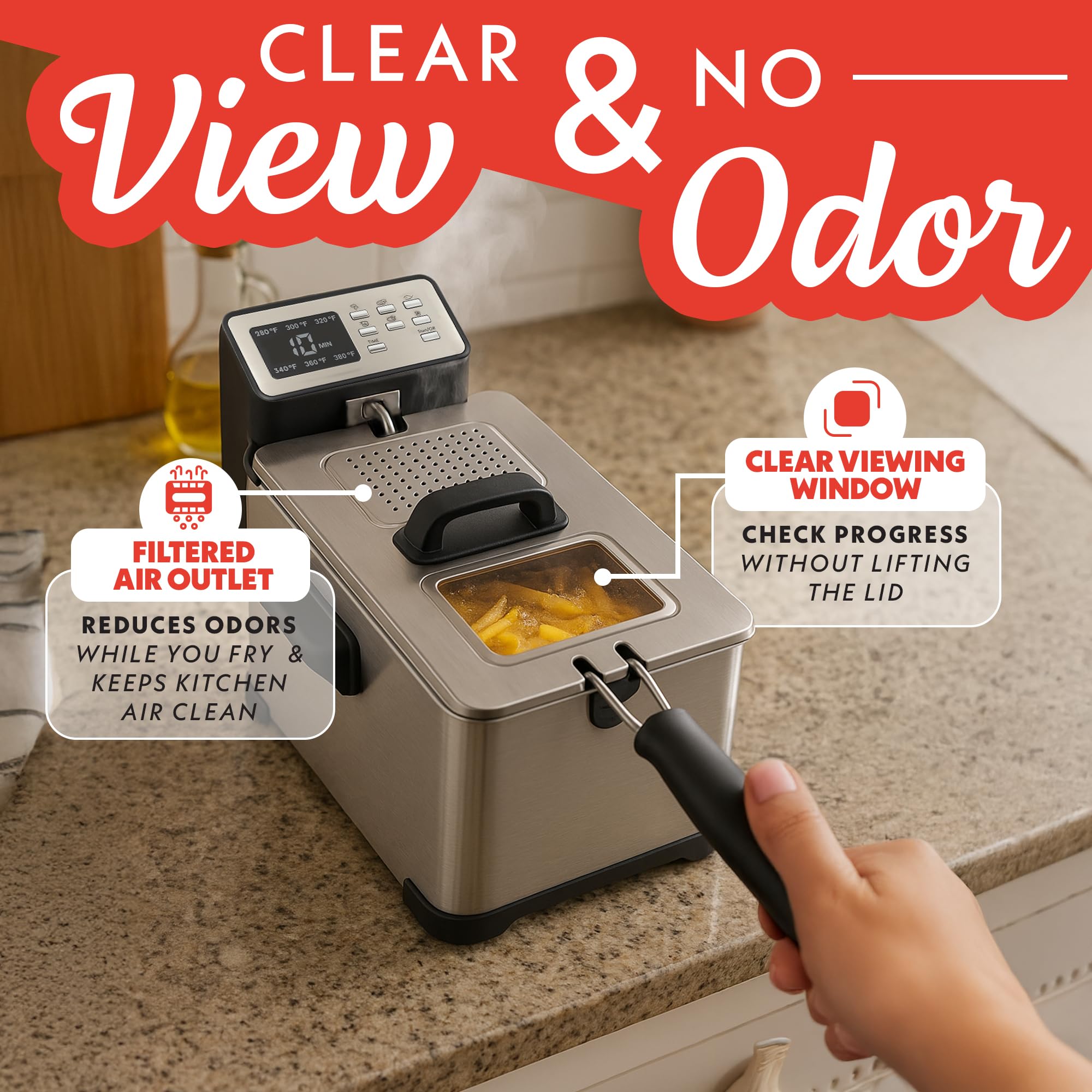 Gourmia 3.2 Qt Countertop Deep Fryer – Electric Oil Fryer with Digital Display, Adjustable 280°F–380°F Temperature Control, Viewing Window, Odor Filter Lid & Magnetic Safety Cord - Image 8