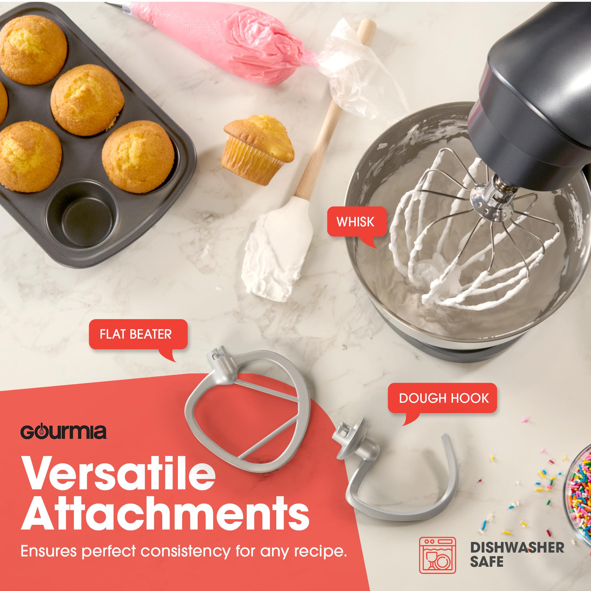 Gourmia 5 Quart 10-Speed Electric Stand Mixer with Bowl + Shield, Dough Hook, Whisk and Beater - Household Kitchen Standing Dough Maker Machine - Image 5