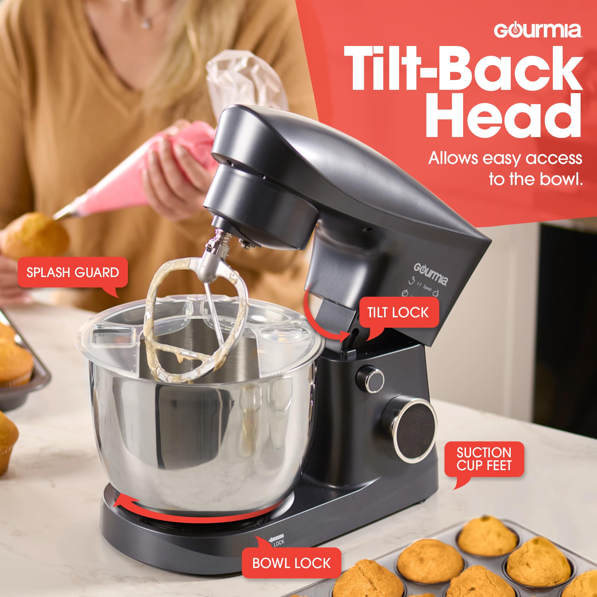 Gourmia 5 Quart Digital Electric Stand Mixer with Attachments, Bowl Shield, Dough Hook, Whisk and Beater - LED Display Timer - 10 Speed Kitchen Countertop Dough Maker Machine for Bread, Cake, Cookies - Image 3