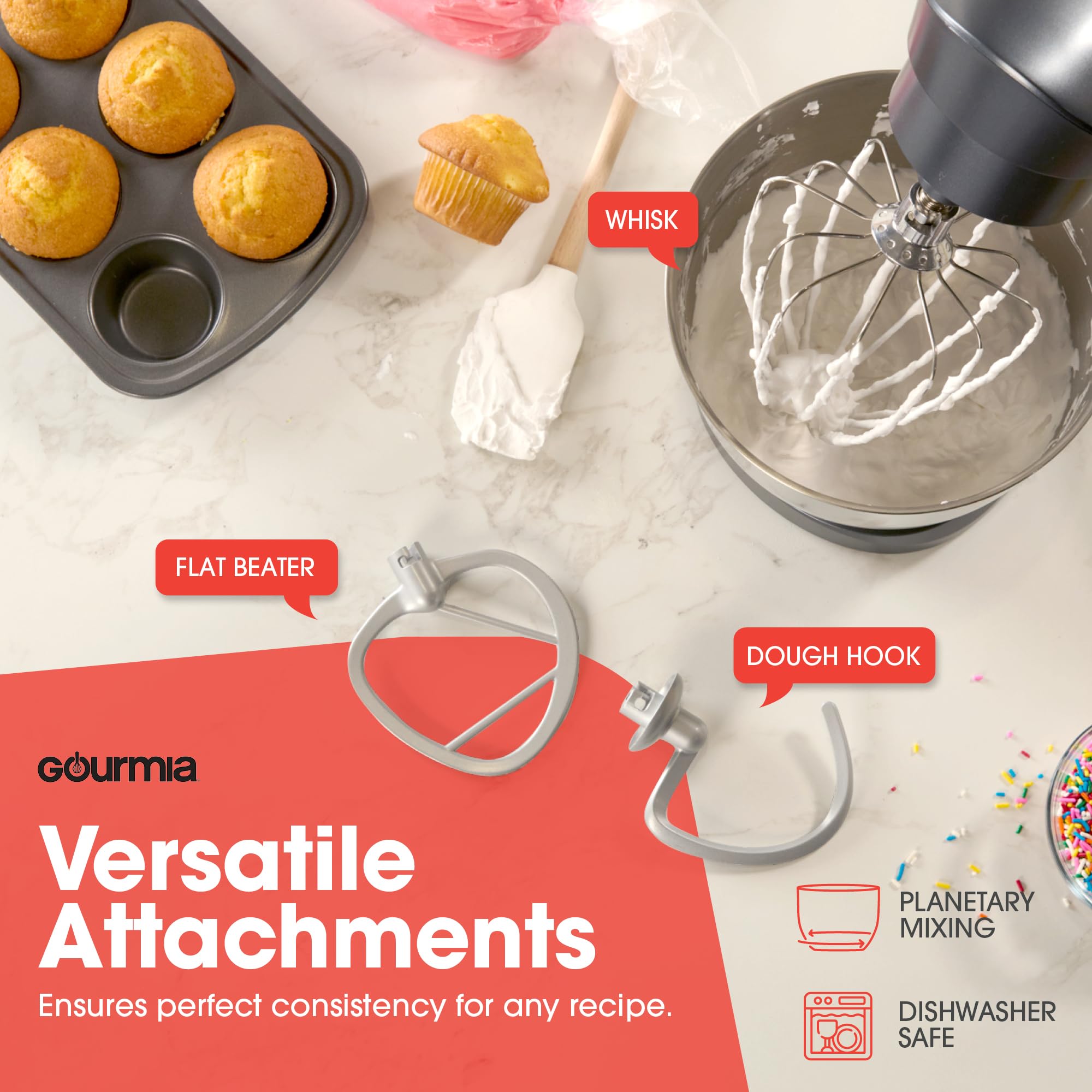 Gourmia 5 Quart Digital Electric Stand Mixer with Attachments, Bowl Shield, Dough Hook, Whisk and Beater - LED Display Timer - 10 Speed Kitchen Countertop Dough Maker Machine for Bread, Cake, Cookies - Image 5