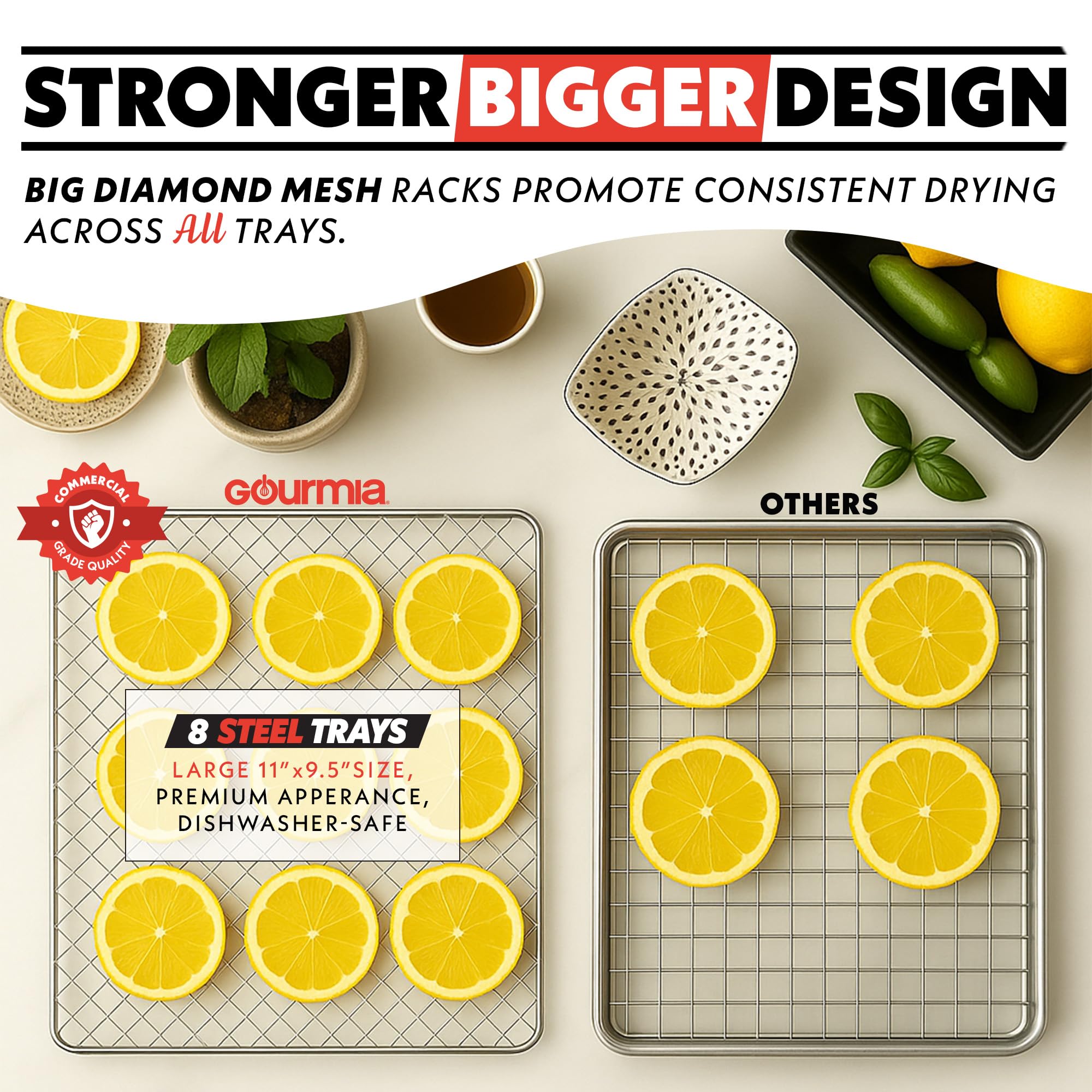 Gourmia 8 Tray Digital Food Dehydrator - 360° Airflow, 30 Minute–24 Hour Timer, Glass Door, Jerky, Fruits, Veggies & More, 95°F–185°F, 625W, Stainless Steel - Image 4