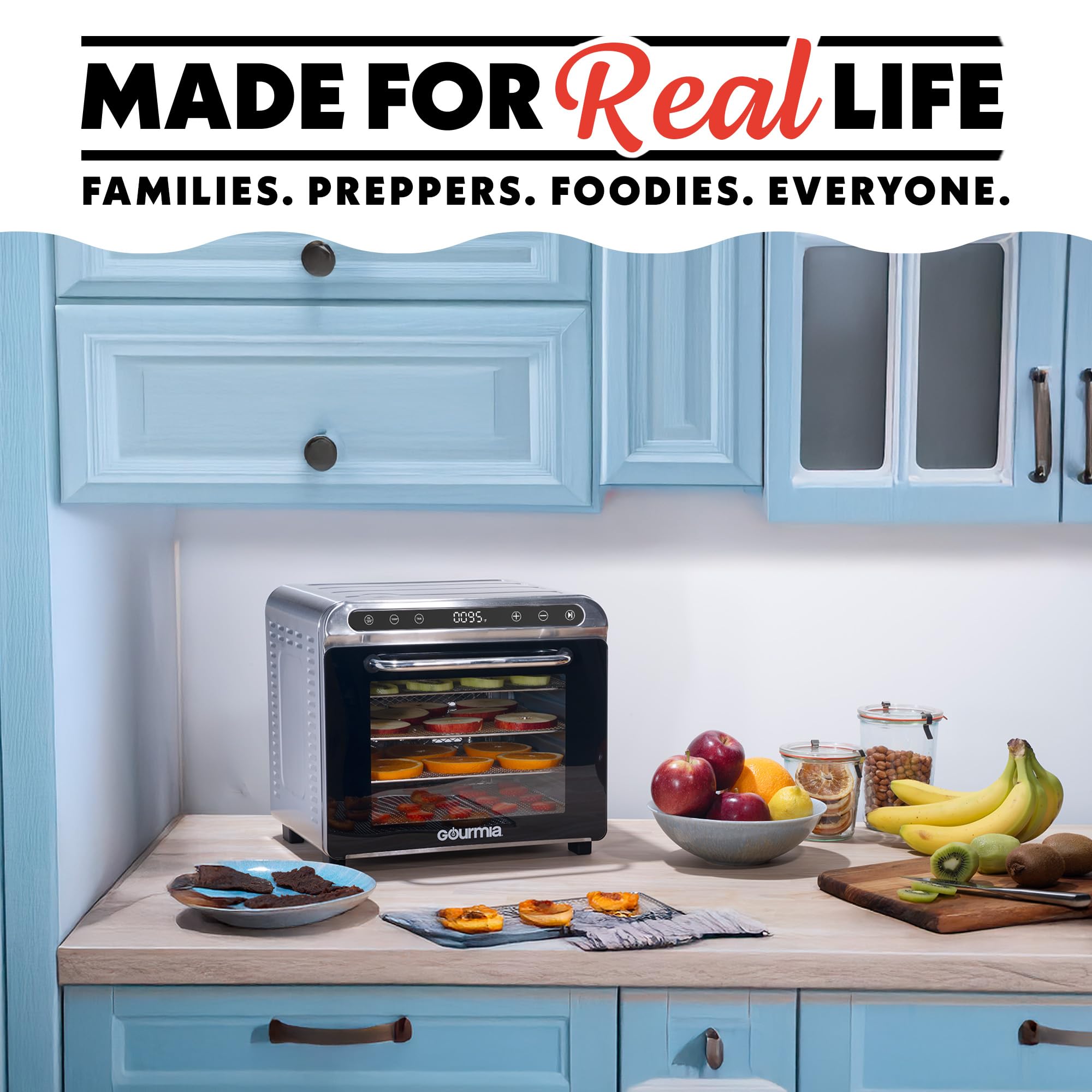 Gourmia 8 Tray Digital Food Dehydrator - 360° Airflow, 30 Minute–24 Hour Timer, Glass Door, Jerky, Fruits, Veggies & More, 95°F–185°F, 625W, Stainless Steel - Image 5