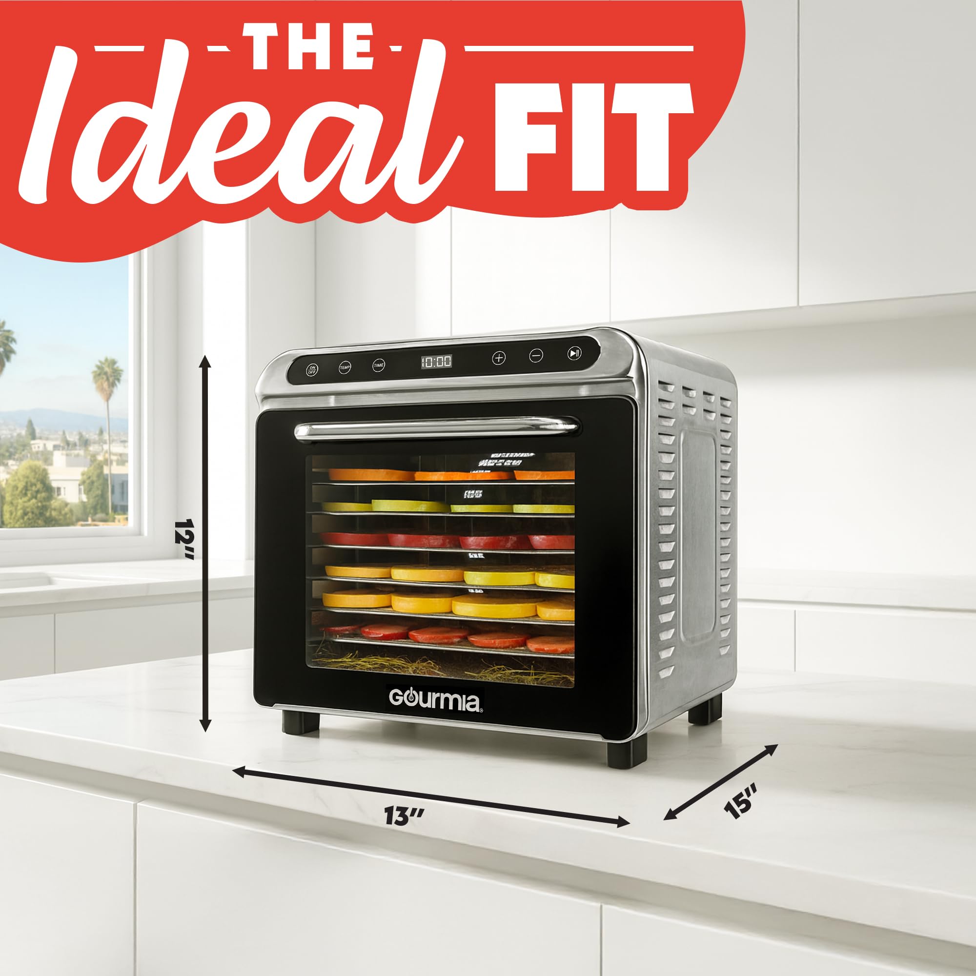 Gourmia 8 Tray Digital Food Dehydrator - 360° Airflow, 30 Minute–24 Hour Timer, Glass Door, Jerky, Fruits, Veggies & More, 95°F–185°F, 625W, Stainless Steel - Image 8