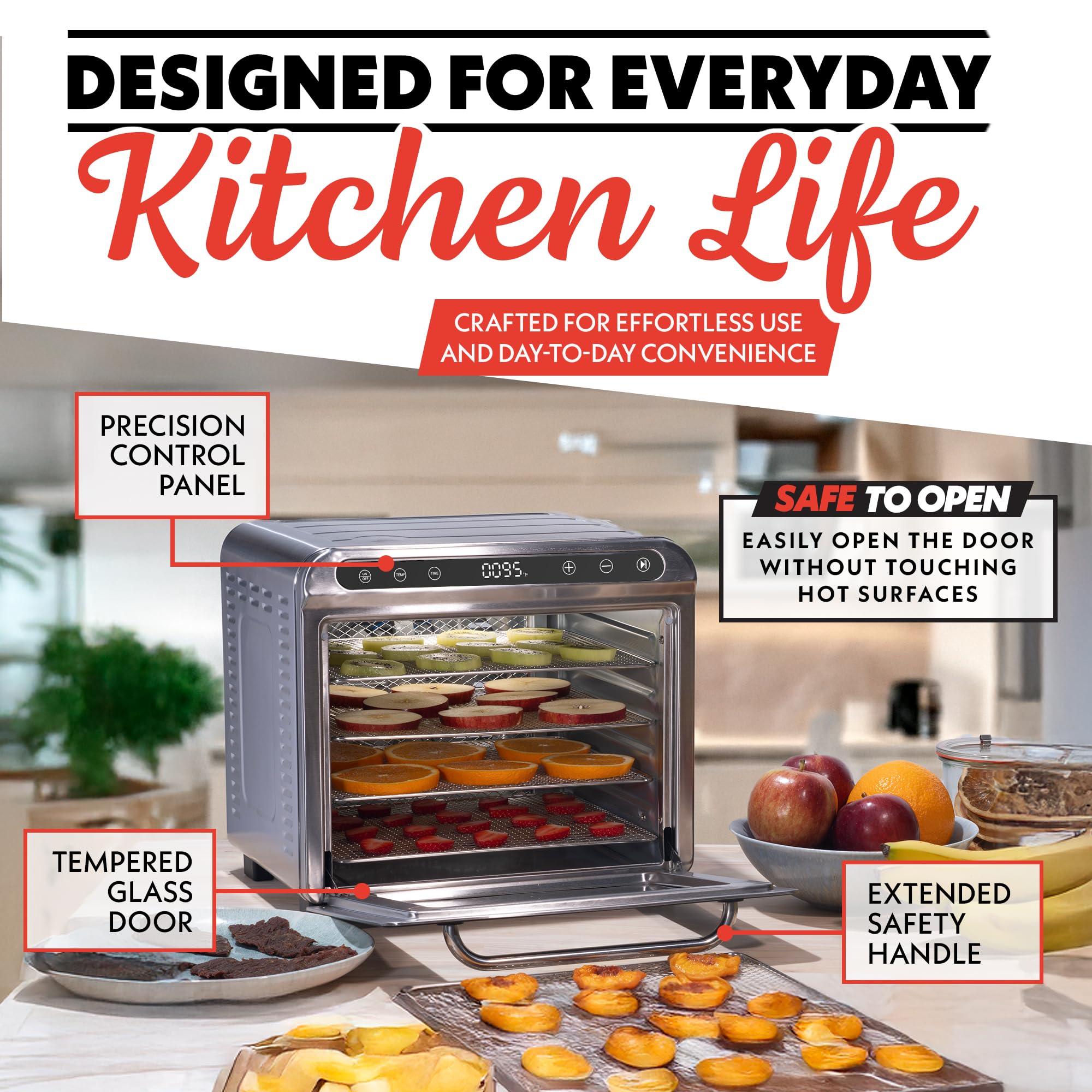 Gourmia 8 Tray Digital Food Dehydrator - 360° Airflow, 30 Minute–24 Hour Timer, Glass Door, Jerky, Fruits, Veggies & More, 95°F–185°F, 625W, Stainless Steel - Image 9