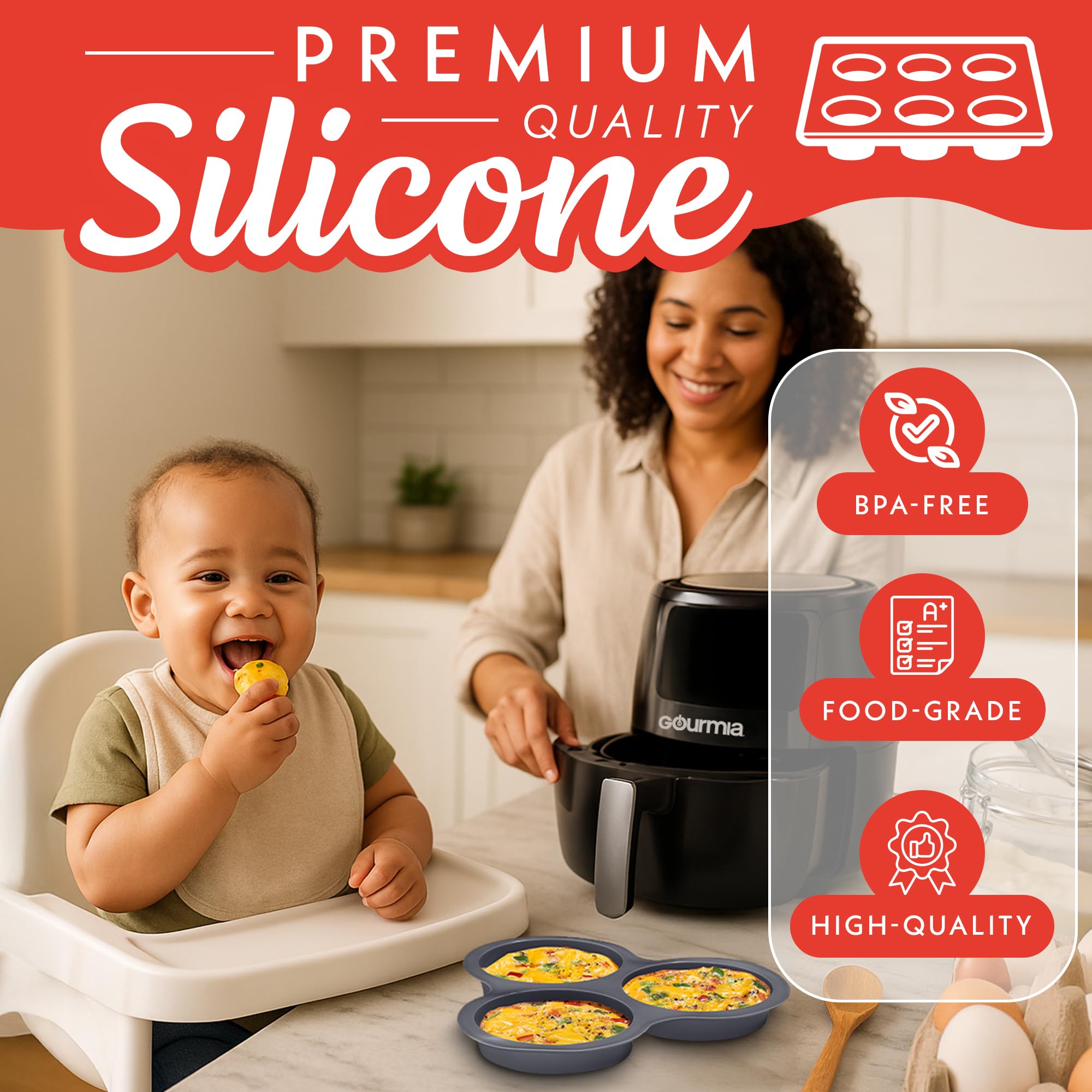 Gourmia Air Fryer Accessories Set - 3 Piece Silicone, Liner, Egg Bite Cooker, 7-Hole Cupcake Mold, BPA-Free, Nonstick, Heat Resistant 445°F, Dishwasher Safe, Food Grade - Image 3