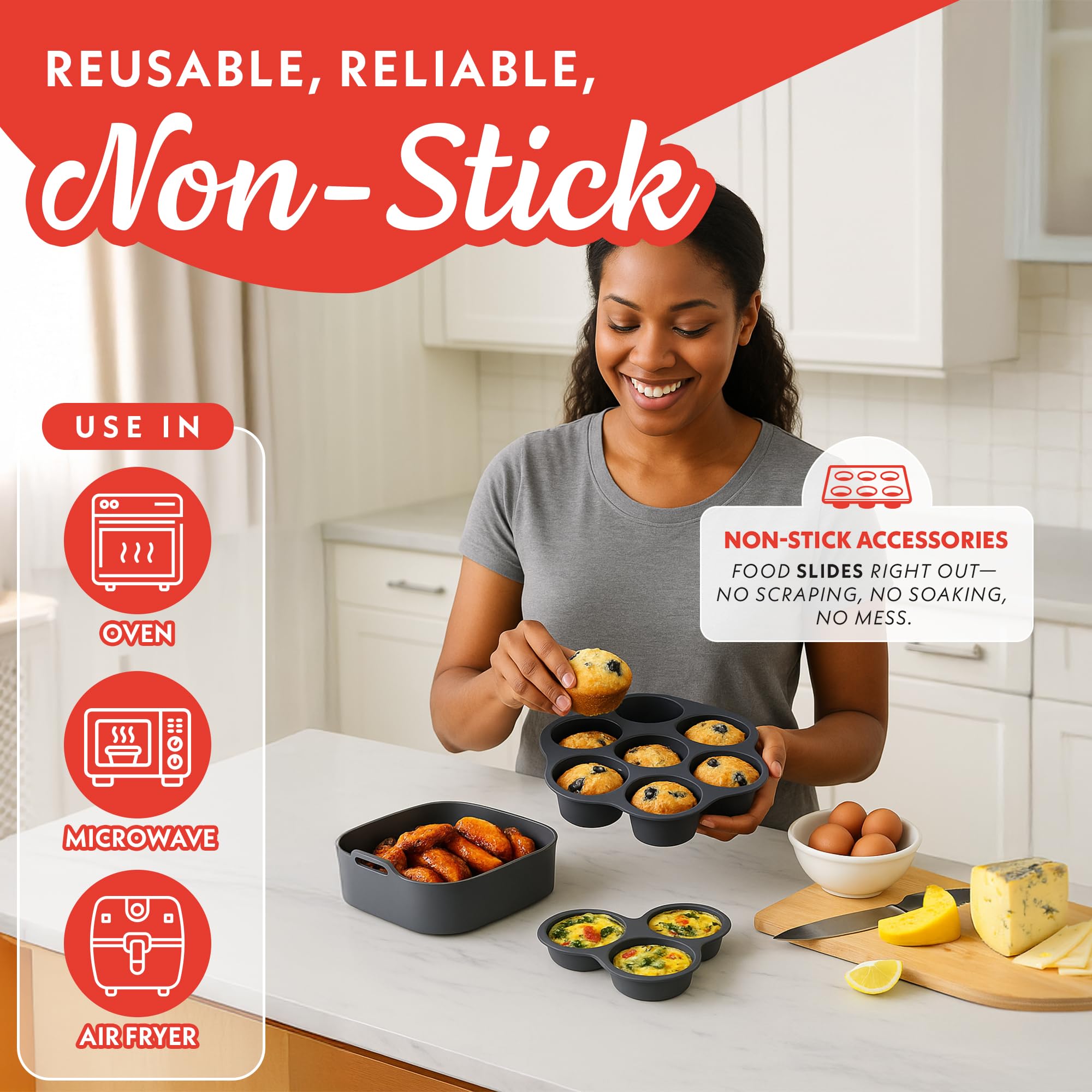 Gourmia Air Fryer Accessories Set - 3 Piece Silicone, Liner, Egg Bite Cooker, 7-Hole Cupcake Mold, BPA-Free, Nonstick, Heat Resistant 445°F, Dishwasher Safe, Food Grade - Image 6