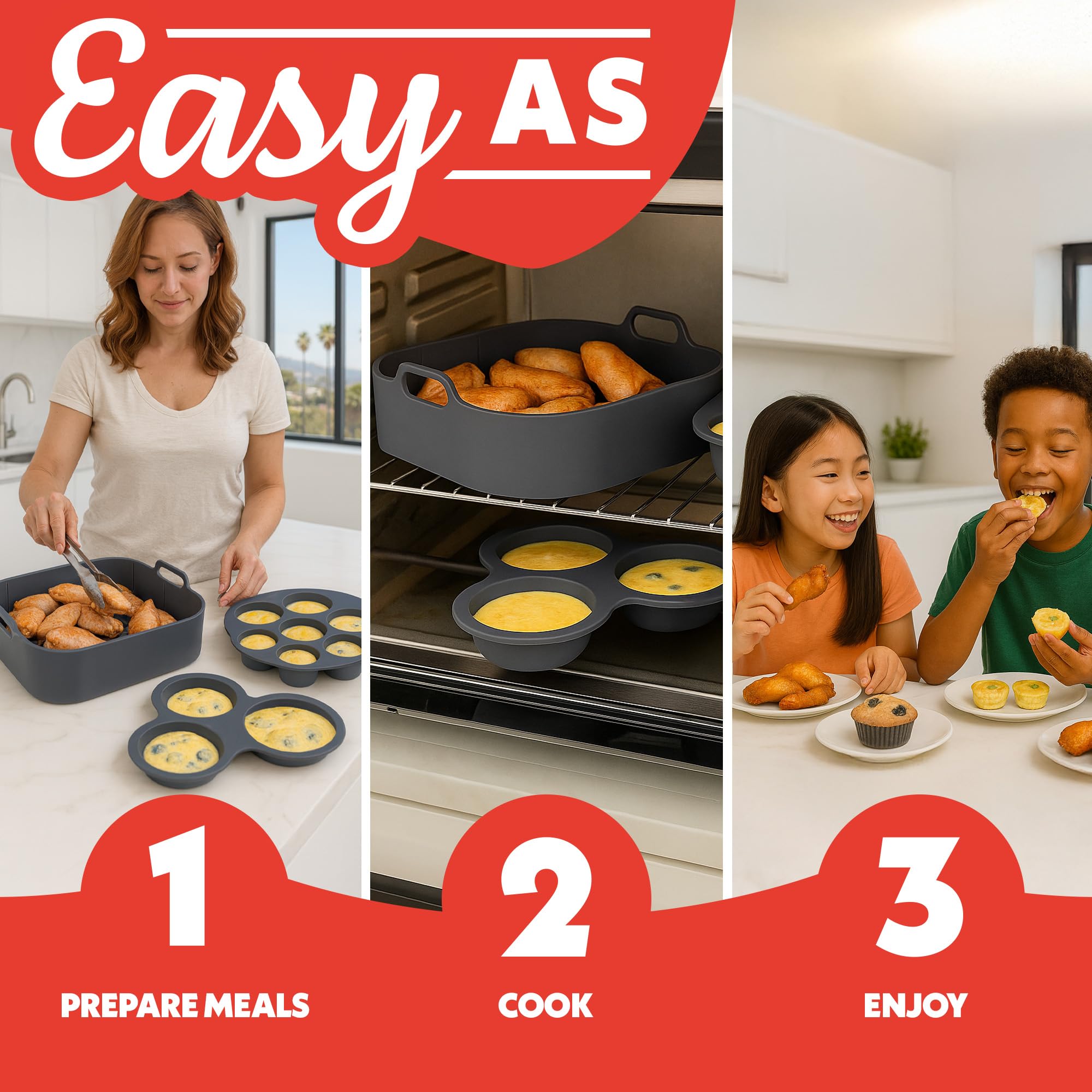 Gourmia Air Fryer Accessories Set - 3 Piece Silicone, Liner, Egg Bite Cooker, 7-Hole Cupcake Mold, BPA-Free, Nonstick, Heat Resistant 445°F, Dishwasher Safe, Food Grade - Image 9