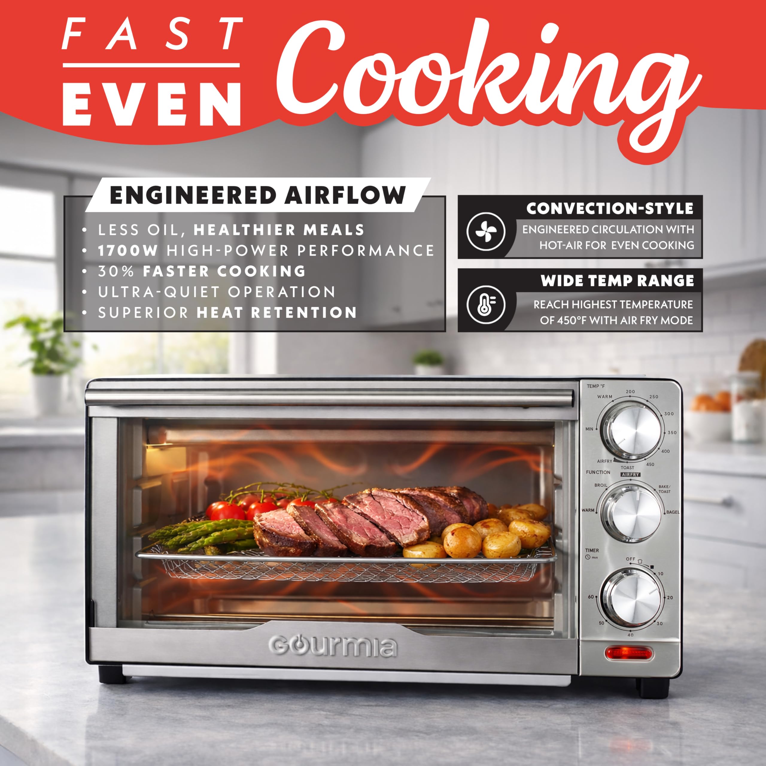 Gourmia Air Fryer Toaster Combo - 6-in-1 Multi-function Countertop Oven Adjustable Temperature & Timer, Fry Basket, Baking Pan, Oven Rack & Pullout Crumb Tray, Stainless Steel - Image 3