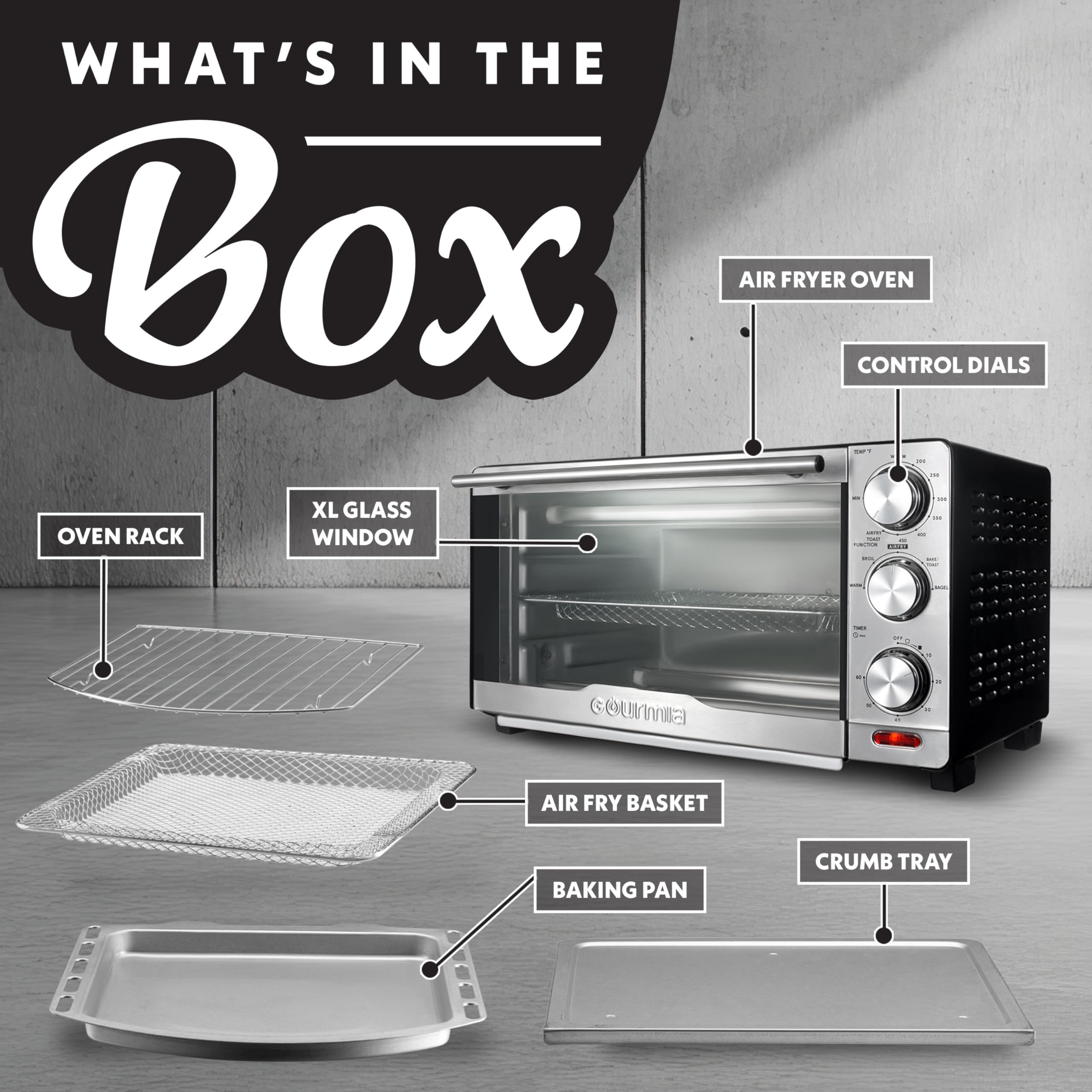 Gourmia Air Fryer Toaster Combo - 6-in-1 Multi-function Countertop Oven Adjustable Temperature & Timer, Fry Basket, Baking Pan, Oven Rack & Pullout Crumb Tray, Stainless Steel - Image 4