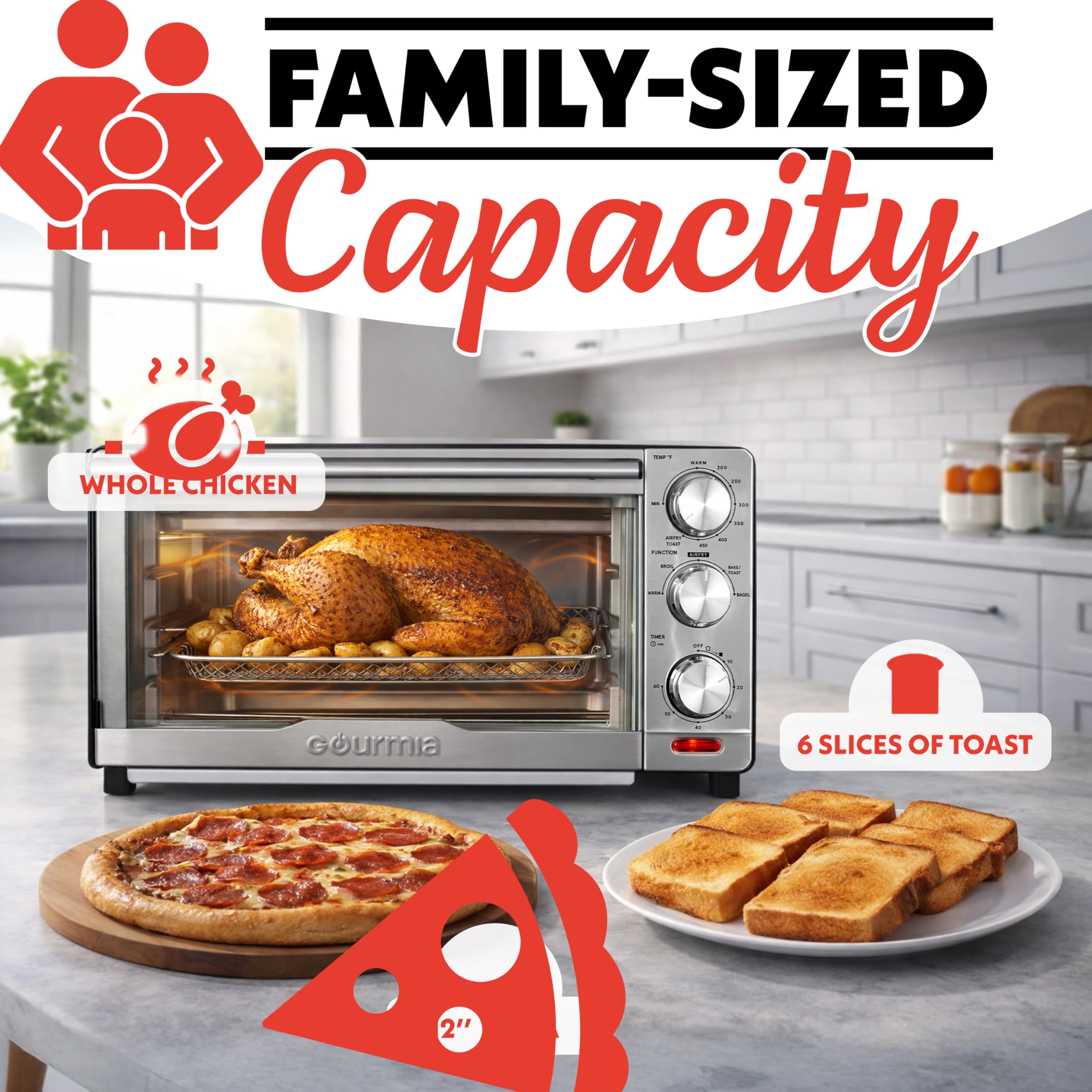 Gourmia Air Fryer Toaster Combo - 6-in-1 Multi-function Countertop Oven Adjustable Temperature & Timer, Fry Basket, Baking Pan, Oven Rack & Pullout Crumb Tray, Stainless Steel - Image 6