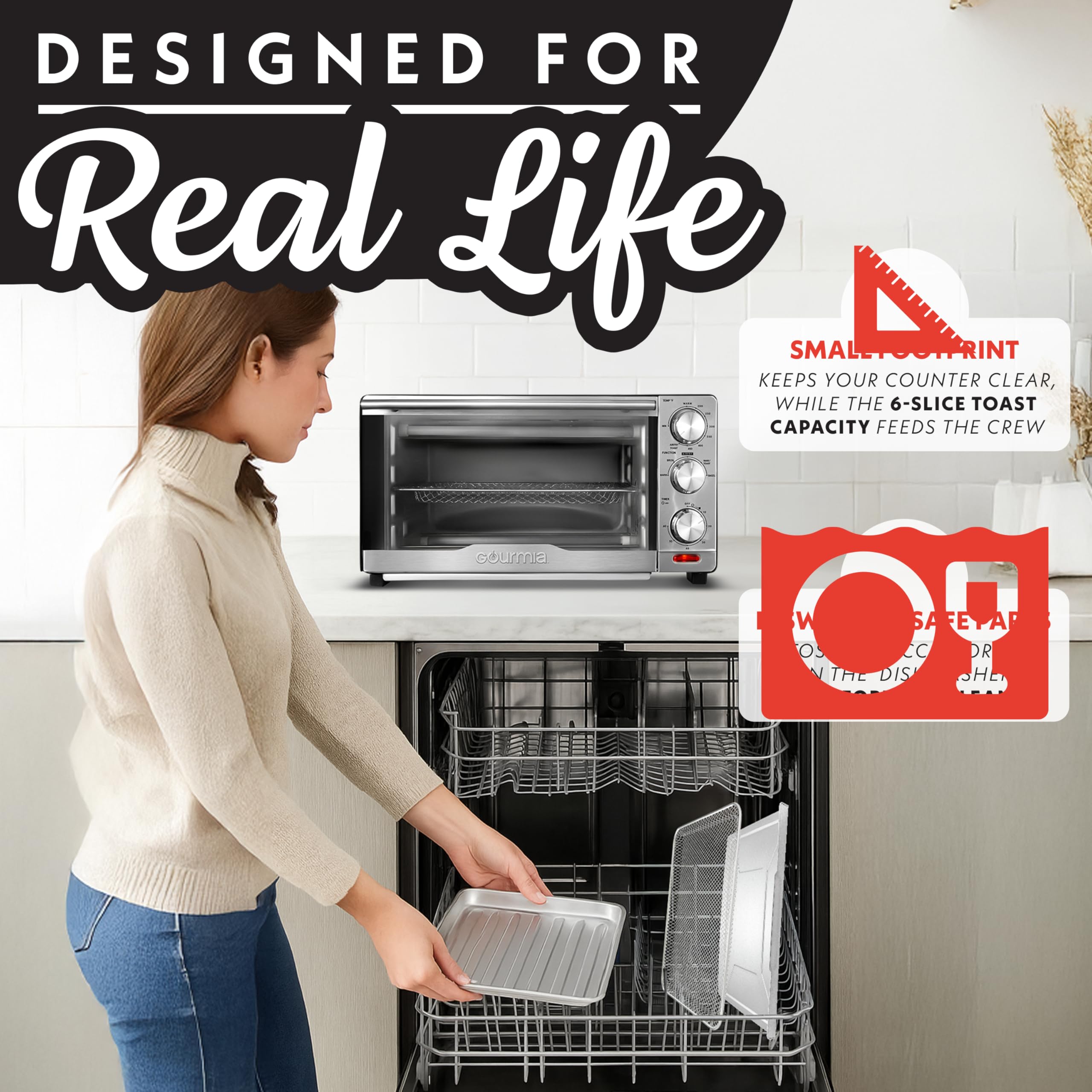 Gourmia Air Fryer Toaster Combo - 6-in-1 Multi-function Countertop Oven Adjustable Temperature & Timer, Fry Basket, Baking Pan, Oven Rack & Pullout Crumb Tray, Stainless Steel - Image 7