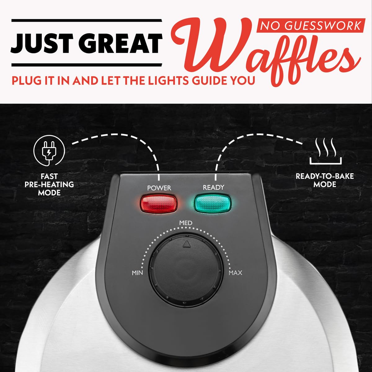 Gourmia Belgian Waffle Maker, Nonstick, Adjustable Browning Control, Cool Touch Handle, Indicator Lights, Quick Heat & Upright Storage, Compact, 1100W, Stainless Steel - Image 3