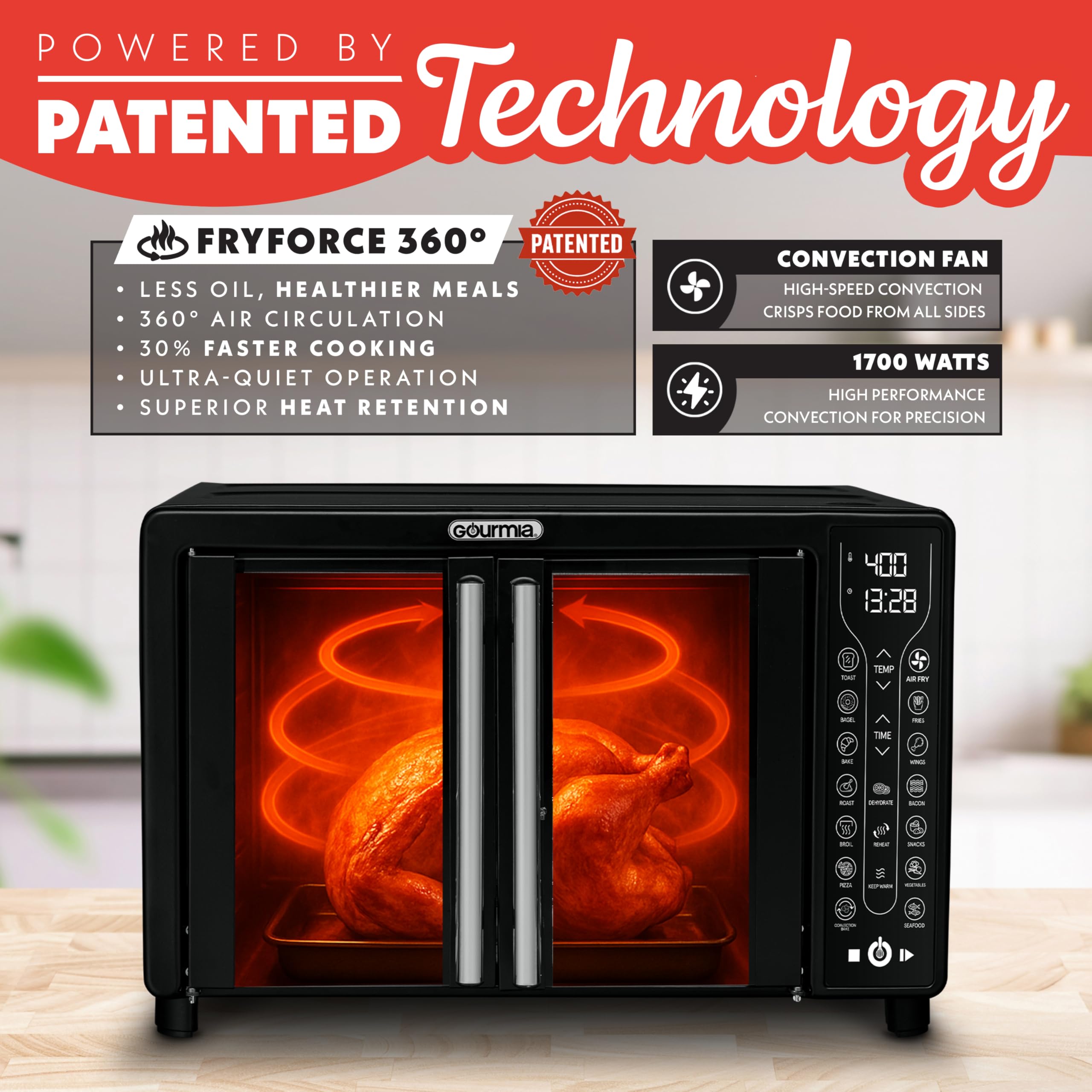 Gourmia French Door Air Fryer – 25 Qt Large Capacity Convection Oven, Fryforce 360°, Digital Display with 17 Cooking Presets, Bake, Toast, Roast, Dehydrate, Fits 12” Pizza - Image 3