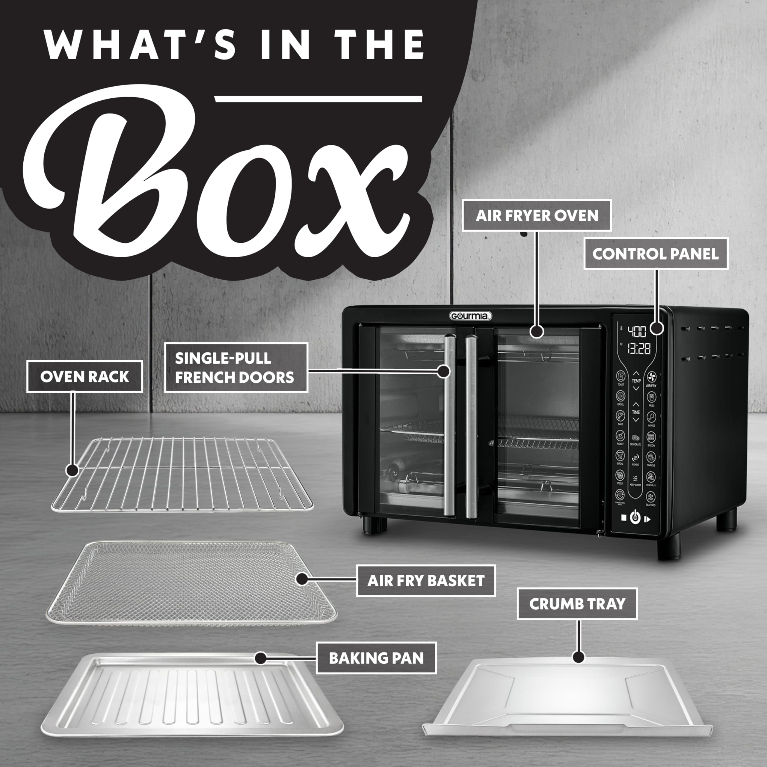 Gourmia French Door Air Fryer – 25 Qt Large Capacity Convection Oven, Fryforce 360°, Digital Display with 17 Cooking Presets, Bake, Toast, Roast, Dehydrate, Fits 12” Pizza - Image 4