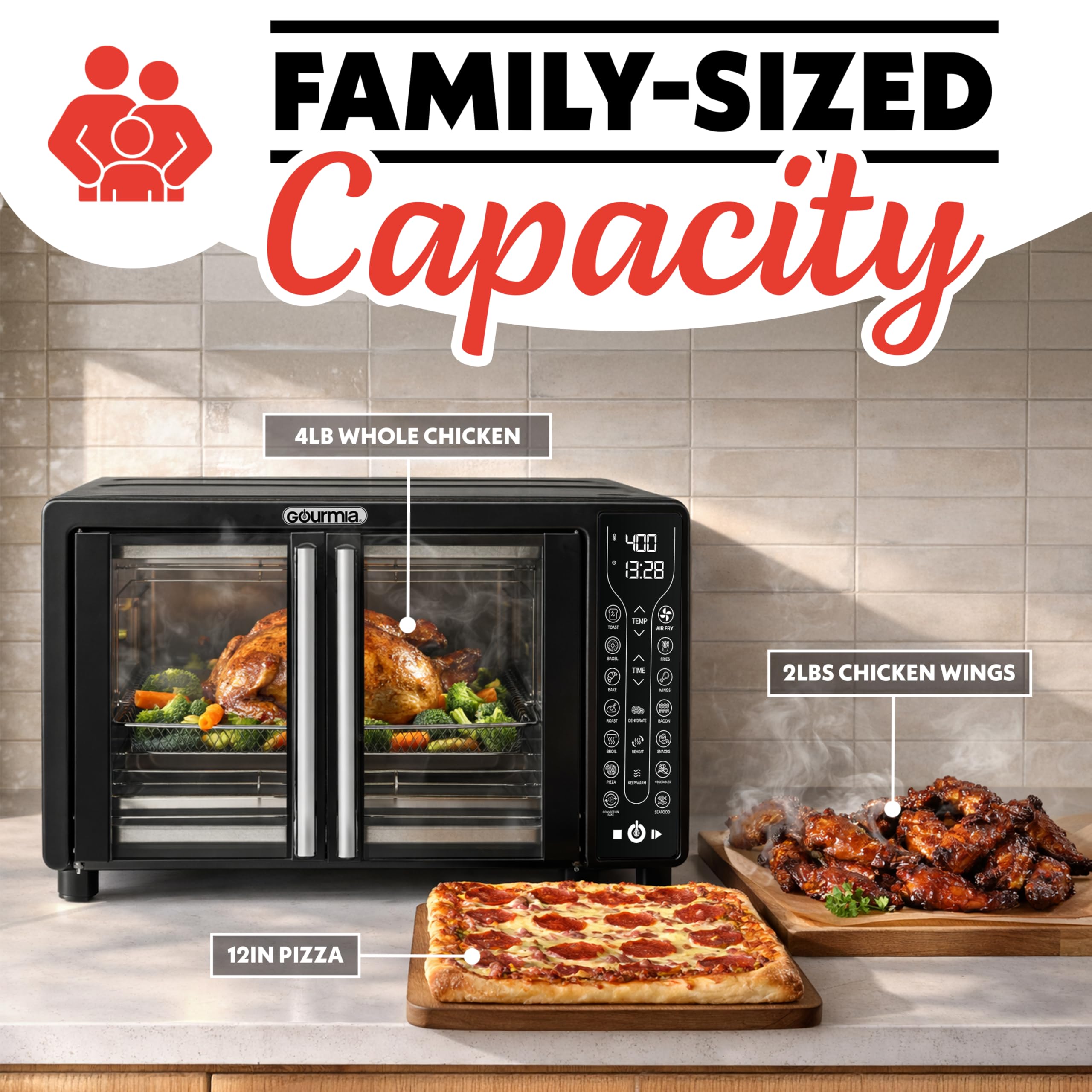 Gourmia French Door Air Fryer – 25 Qt Large Capacity Convection Oven, Fryforce 360°, Digital Display with 17 Cooking Presets, Bake, Toast, Roast, Dehydrate, Fits 12” Pizza - Image 6