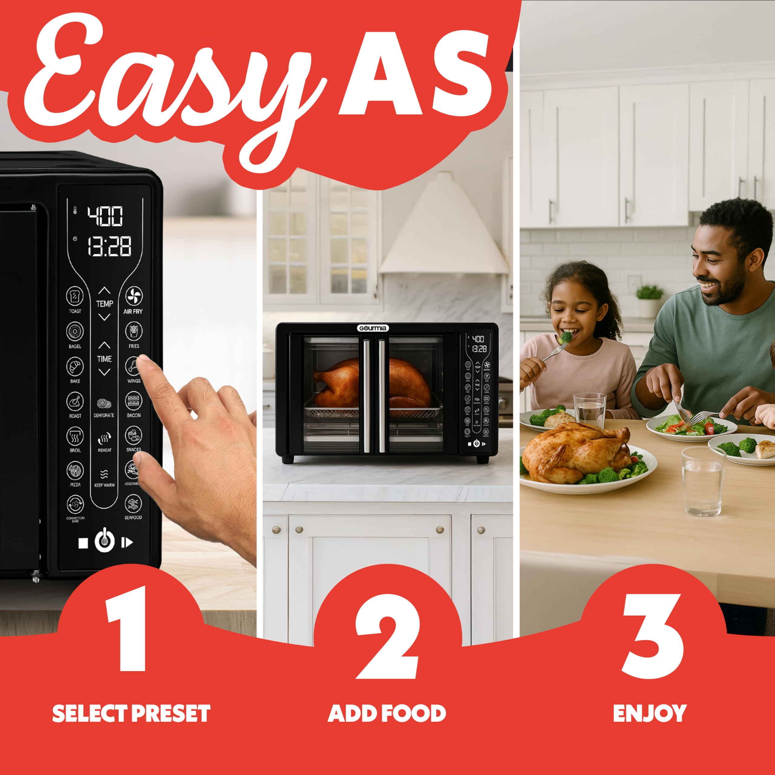 Gourmia French Door Air Fryer – 25 Qt Large Capacity Convection Oven, Fryforce 360°, Digital Display with 17 Cooking Presets, Bake, Toast, Roast, Dehydrate, Fits 12” Pizza - Image 9