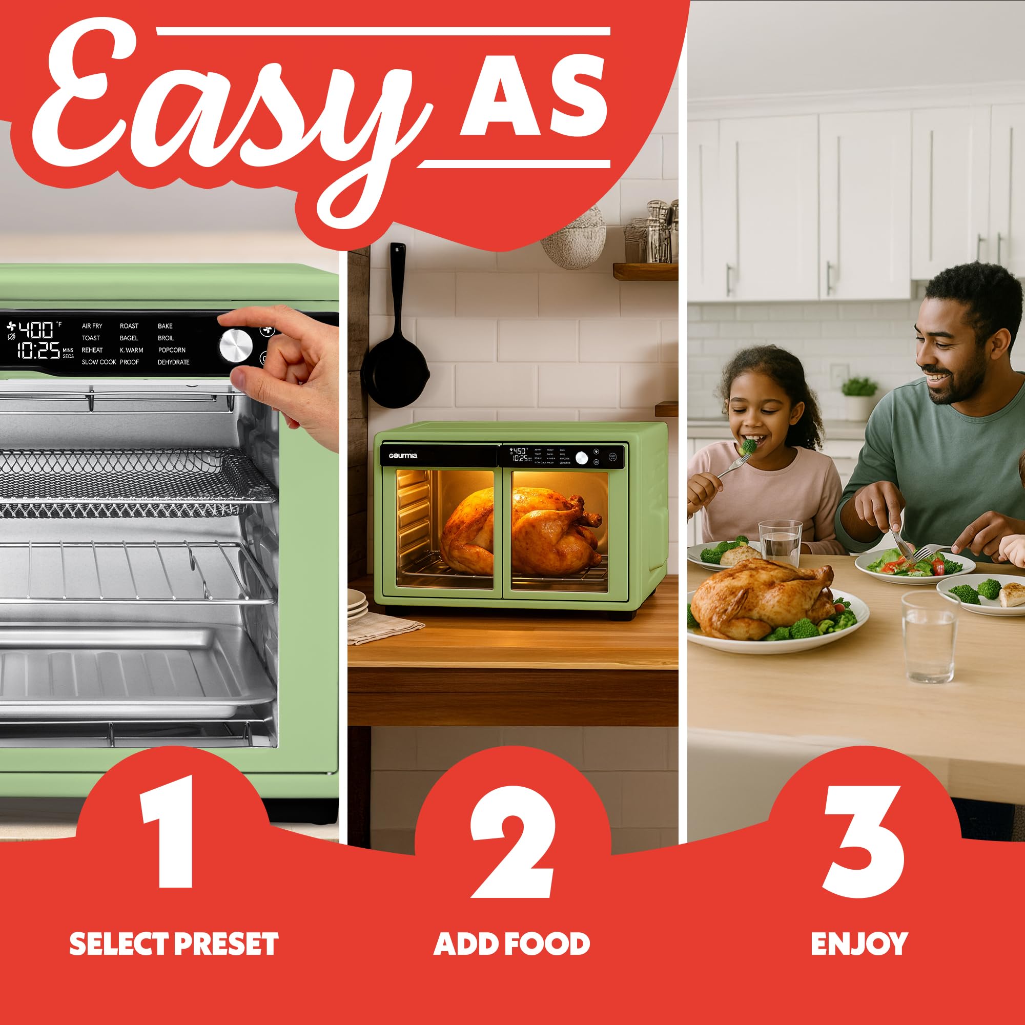 Gourmia French Door Air Fryer Oven - 37 Qt Large Capacity Convection Toaster Oven, FryForce 360°, Digital Display, 12 Cooking Presets, Dehydrate, Fits 13” Pizza, Dishwasher-Safe, Green - Image 10