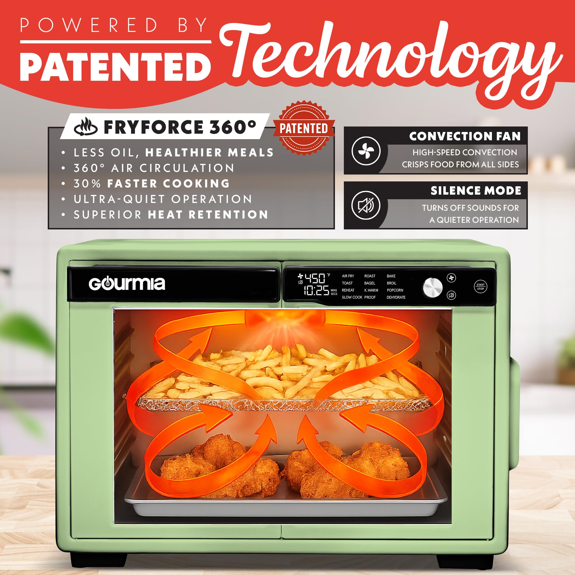 Gourmia French Door Air Fryer Oven - 37 Qt Large Capacity Convection Toaster Oven, FryForce 360°, Digital Display, 12 Cooking Presets, Dehydrate, Fits 13” Pizza, Dishwasher-Safe, Green - Image 3