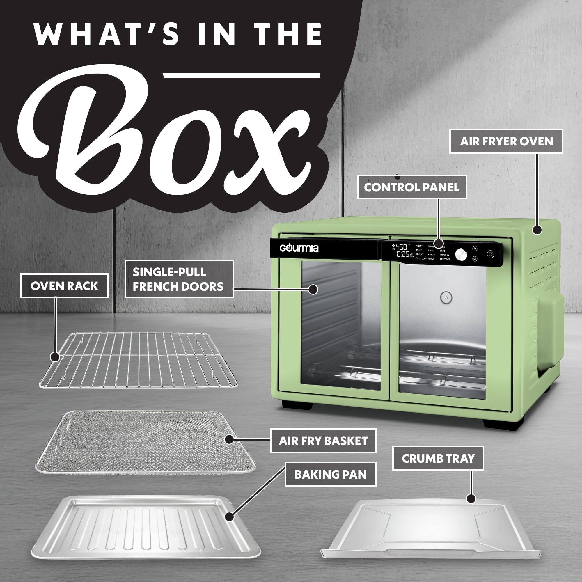 Gourmia French Door Air Fryer Oven - 37 Qt Large Capacity Convection Toaster Oven, FryForce 360°, Digital Display, 12 Cooking Presets, Dehydrate, Fits 13” Pizza, Dishwasher-Safe, Green - Image 4