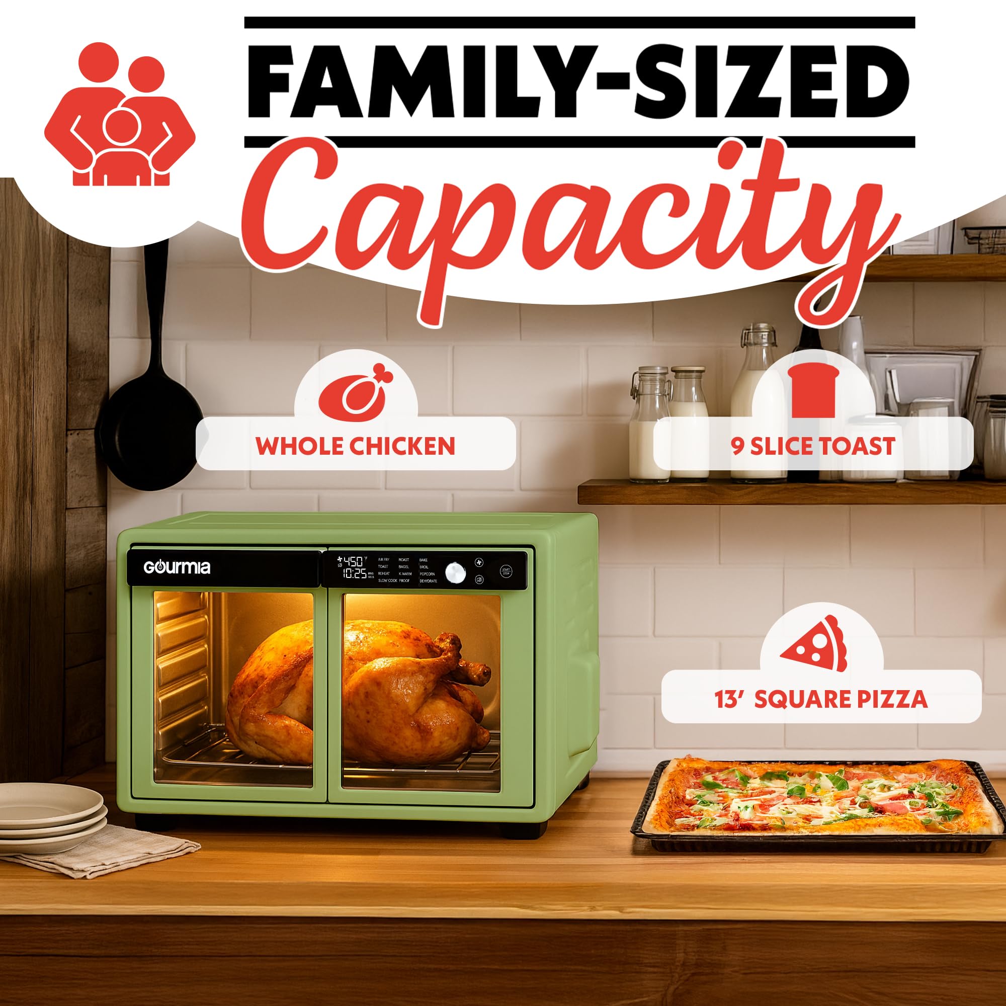 Gourmia French Door Air Fryer Oven - 37 Qt Large Capacity Convection Toaster Oven, FryForce 360°, Digital Display, 12 Cooking Presets, Dehydrate, Fits 13” Pizza, Dishwasher-Safe, Green - Image 6