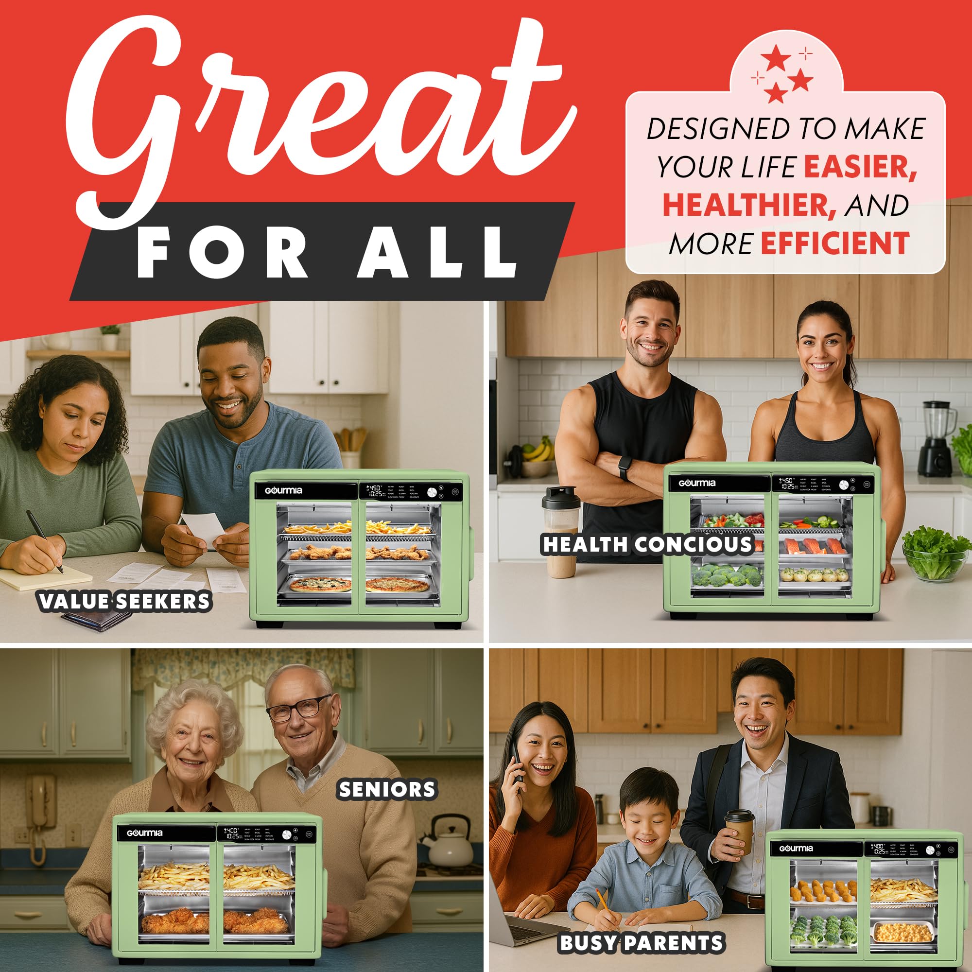 Gourmia French Door Air Fryer Oven - 37 Qt Large Capacity Convection Toaster Oven, FryForce 360°, Digital Display, 12 Cooking Presets, Dehydrate, Fits 13” Pizza, Dishwasher-Safe, Green - Image 8