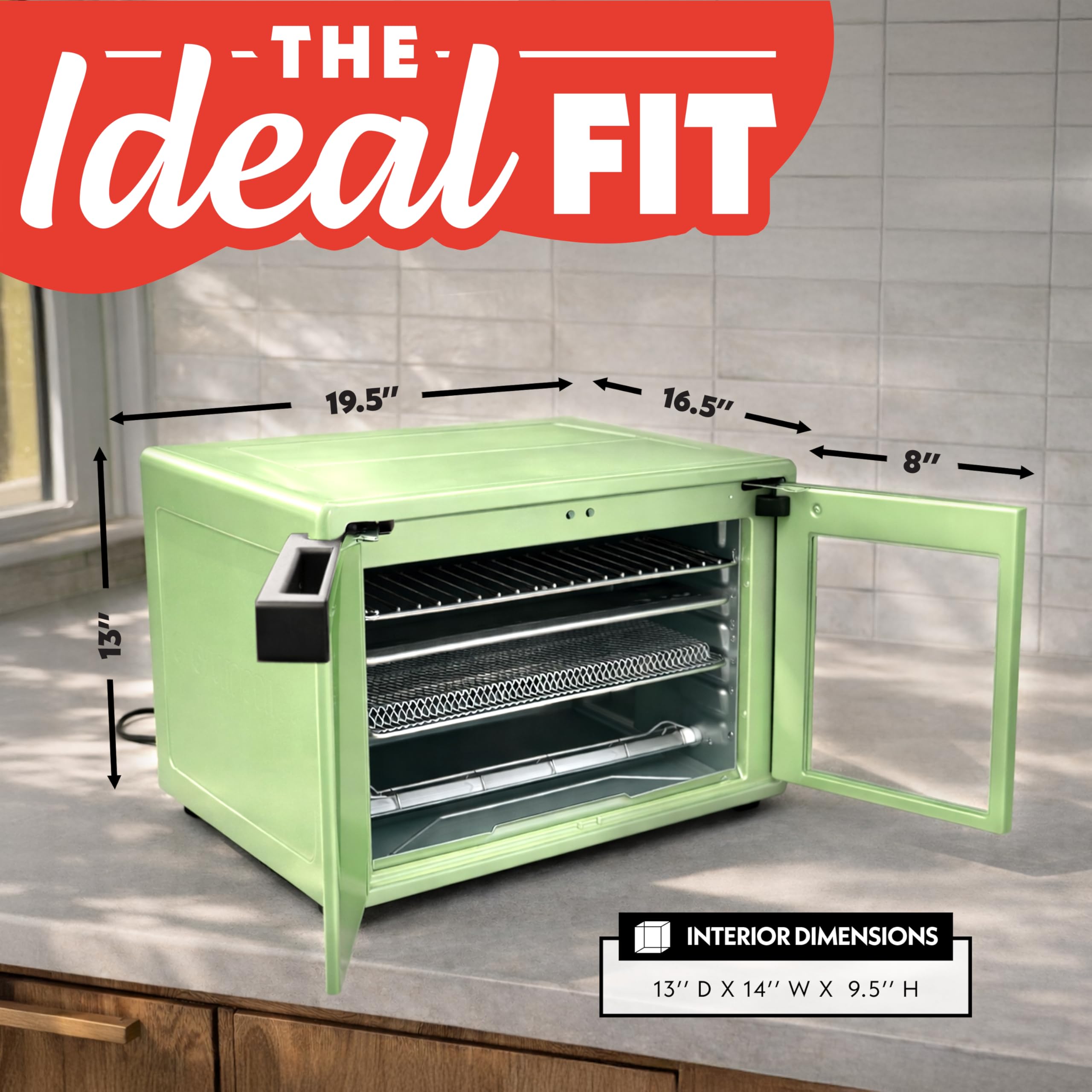 Gourmia French Door Air Fryer Oven - 37 Qt Large Capacity Convection Toaster Oven, FryForce 360°, Digital Display, 12 Cooking Presets, Dehydrate, Fits 13” Pizza, Dishwasher-Safe, Green - Image 9