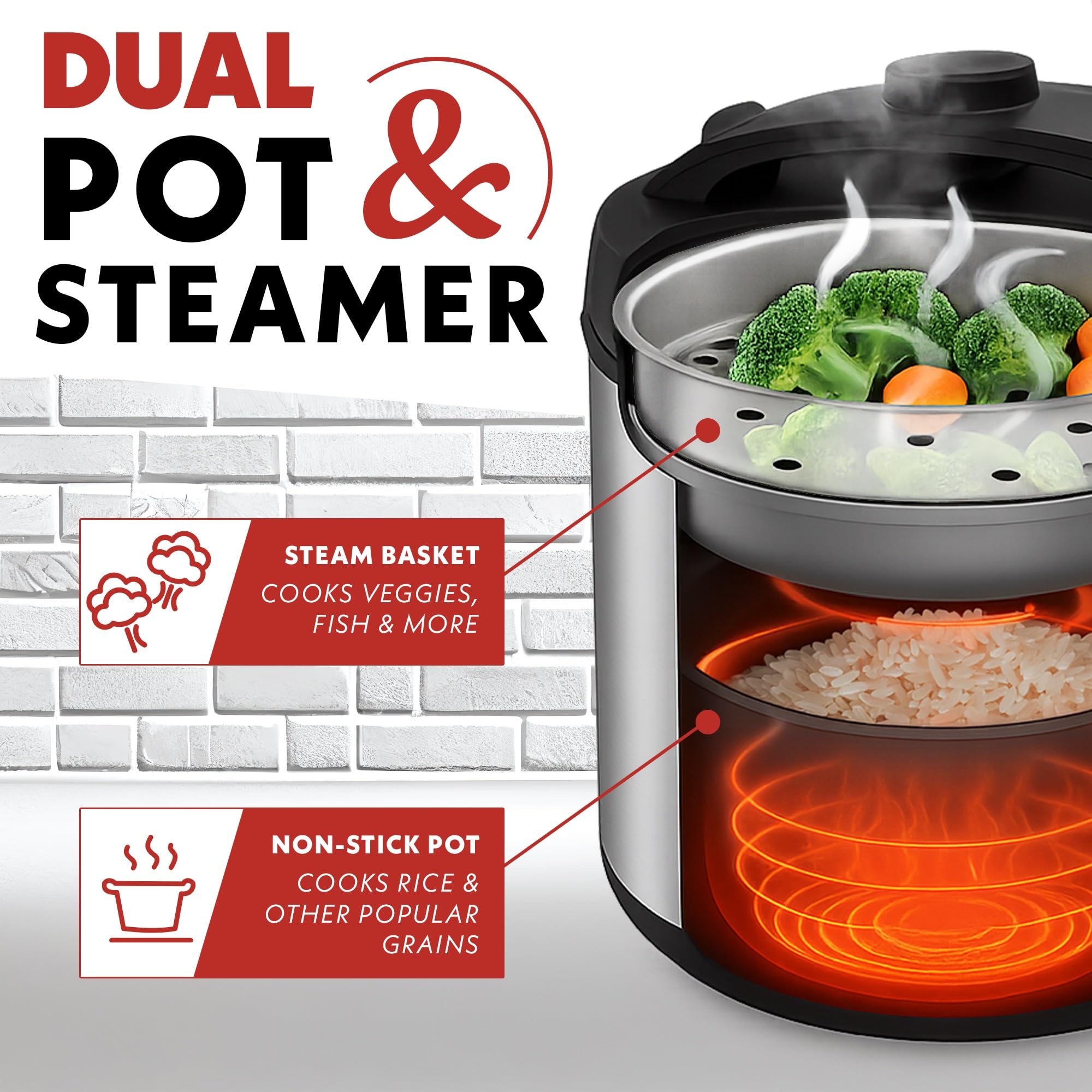 Gourmia Rice Cooker – 3 Qt Capacity, 12 Cup Cooked, 6 Cup Uncooked, Digital Controls, Grain Cooker & Steamer, Built-In Steamer Basket, Nonstick Ceramic Pot, Delay Timer, Keep Warm, Stainless Steel - Image 10