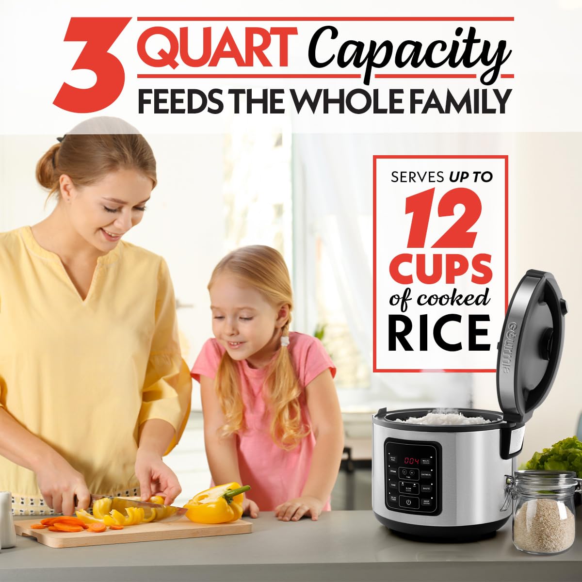 Gourmia Rice Cooker – 3 Qt Capacity, 12 Cup Cooked, 6 Cup Uncooked, Digital Controls, Grain Cooker & Steamer, Built-In Steamer Basket, Nonstick Ceramic Pot, Delay Timer, Keep Warm, Stainless Steel - Image 5