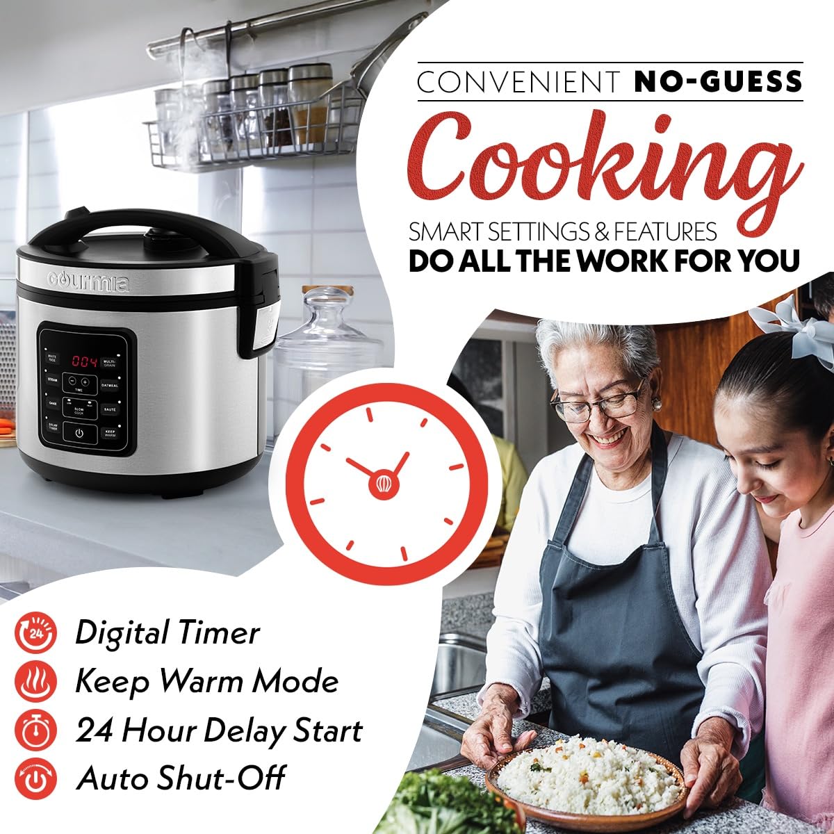 Gourmia Rice Cooker – 3 Qt Capacity, 12 Cup Cooked, 6 Cup Uncooked, Digital Controls, Grain Cooker & Steamer, Built-In Steamer Basket, Nonstick Ceramic Pot, Delay Timer, Keep Warm, Stainless Steel - Image 6