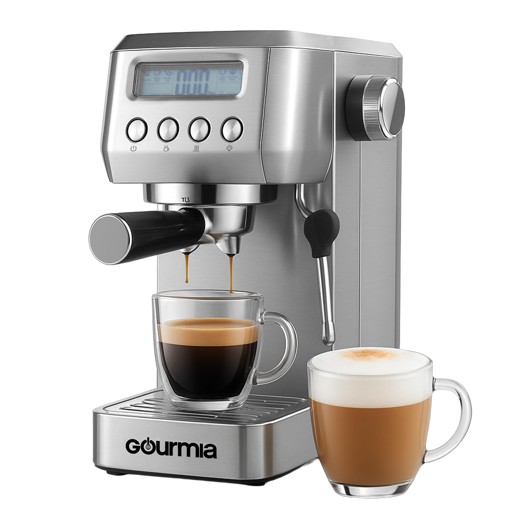 Gourmia Slim Espresso Machine with LCD Screen - Milk Frother, Adjustable Temperature, Manual & Auto Brew, Single/Double Shot, Hot Water Dispenser, Descaling Mode, Compact