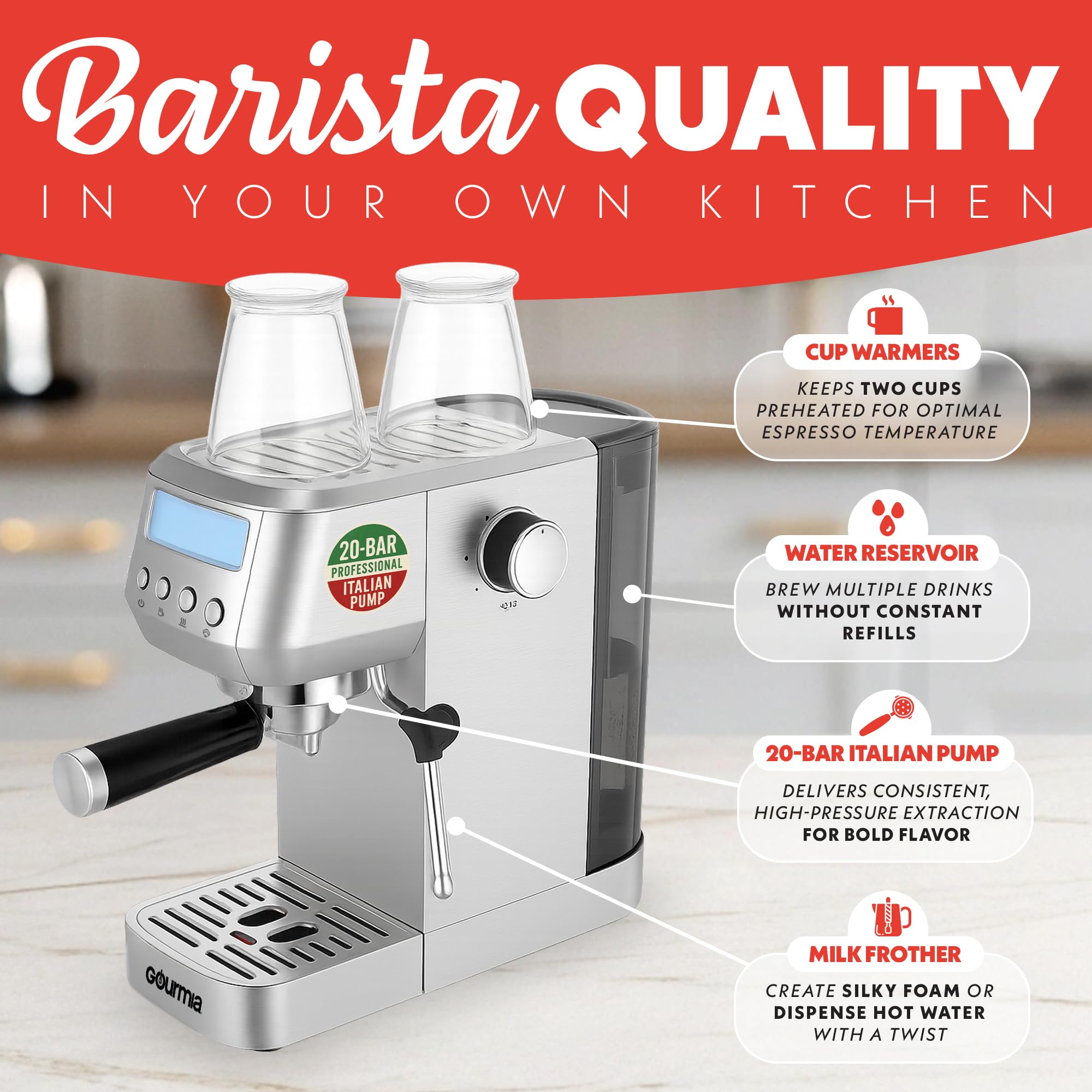 Gourmia Slim Espresso Machine with LCD Screen - Milk Frother, Adjustable Temperature, Manual & Auto Brew, Single/Double Shot, Hot Water Dispenser, Descaling Mode, Compact - Image 2