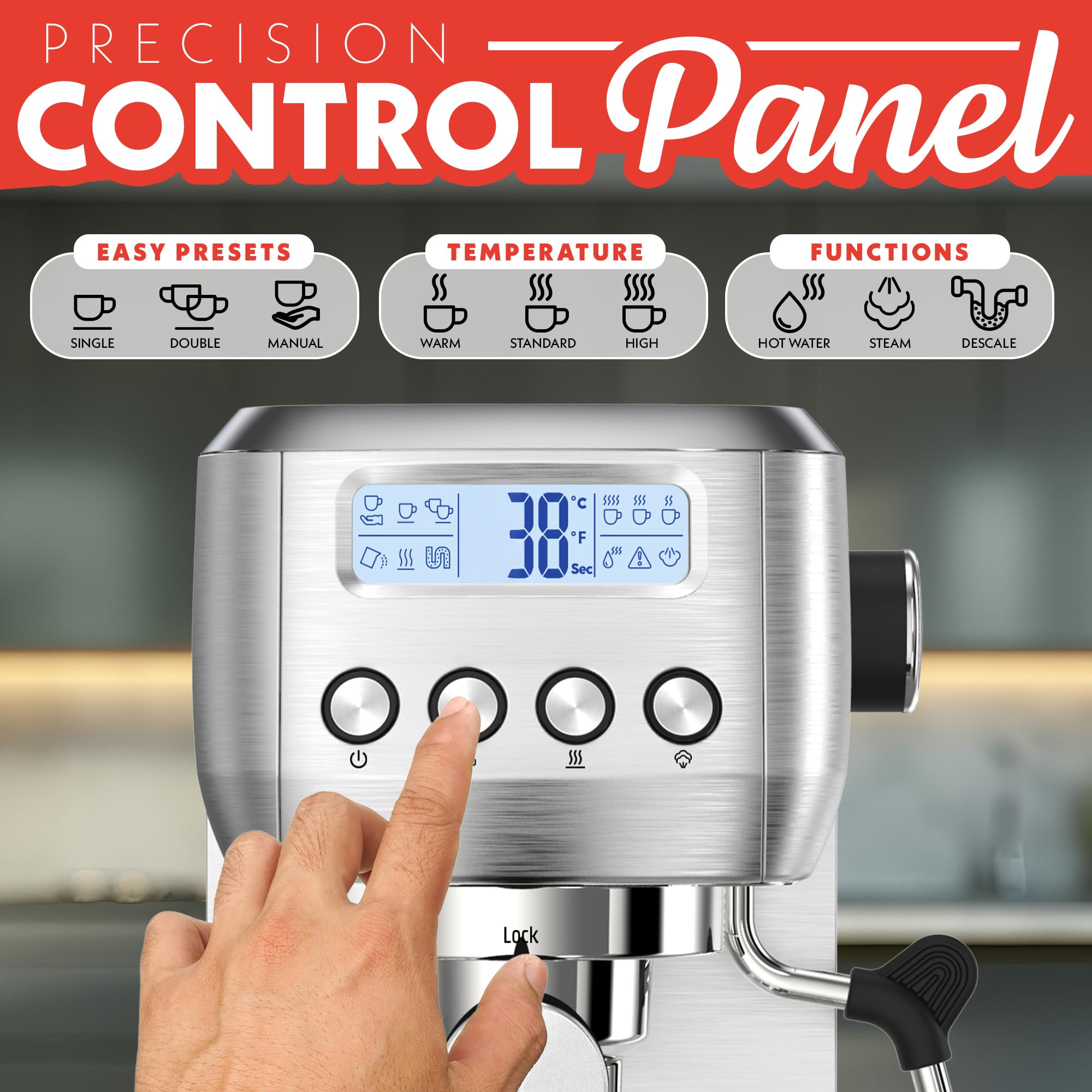 Gourmia Slim Espresso Machine with LCD Screen - Milk Frother, Adjustable Temperature, Manual & Auto Brew, Single/Double Shot, Hot Water Dispenser, Descaling Mode, Compact - Image 3