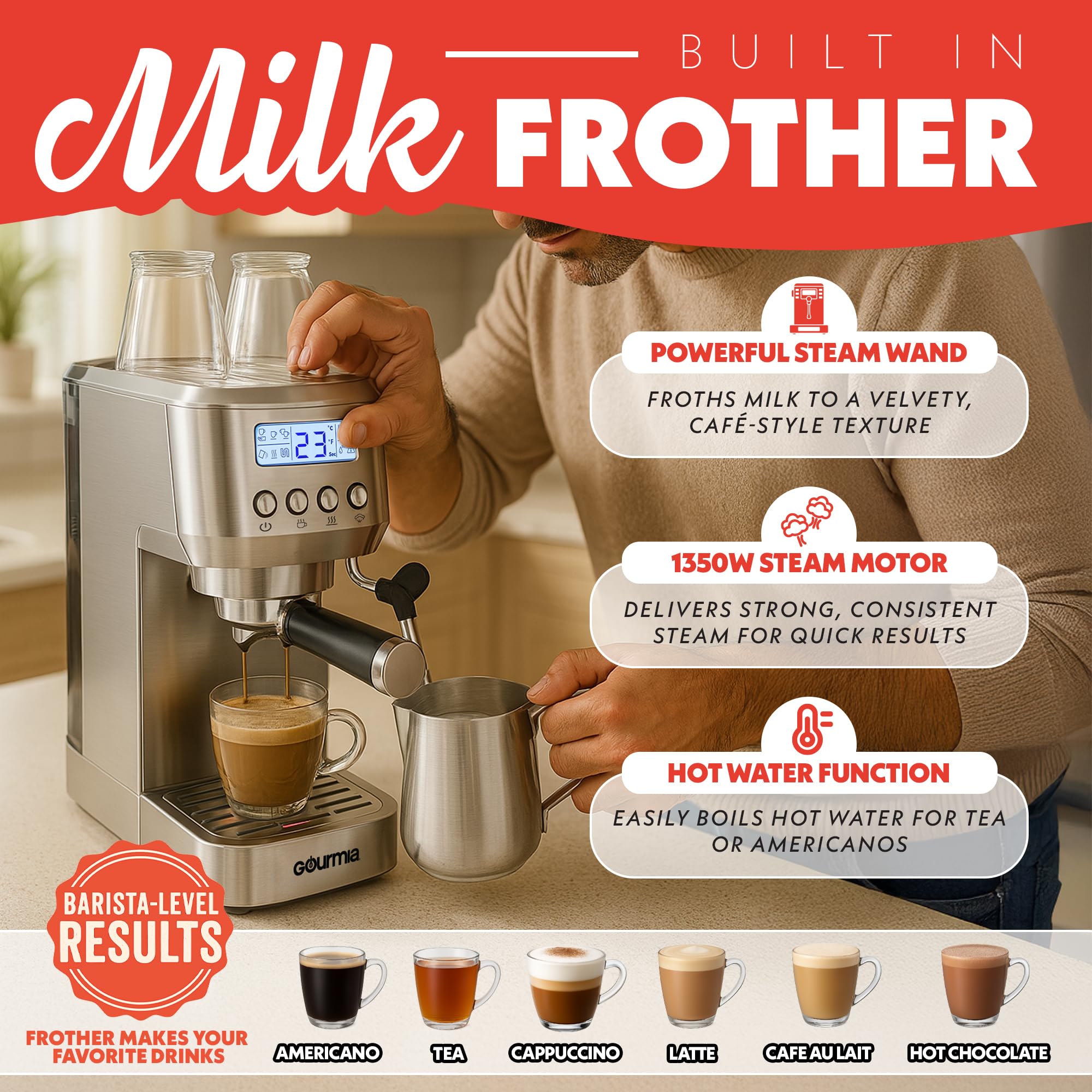 Gourmia Slim Espresso Machine with LCD Screen - Milk Frother, Adjustable Temperature, Manual & Auto Brew, Single/Double Shot, Hot Water Dispenser, Descaling Mode, Compact - Image 4