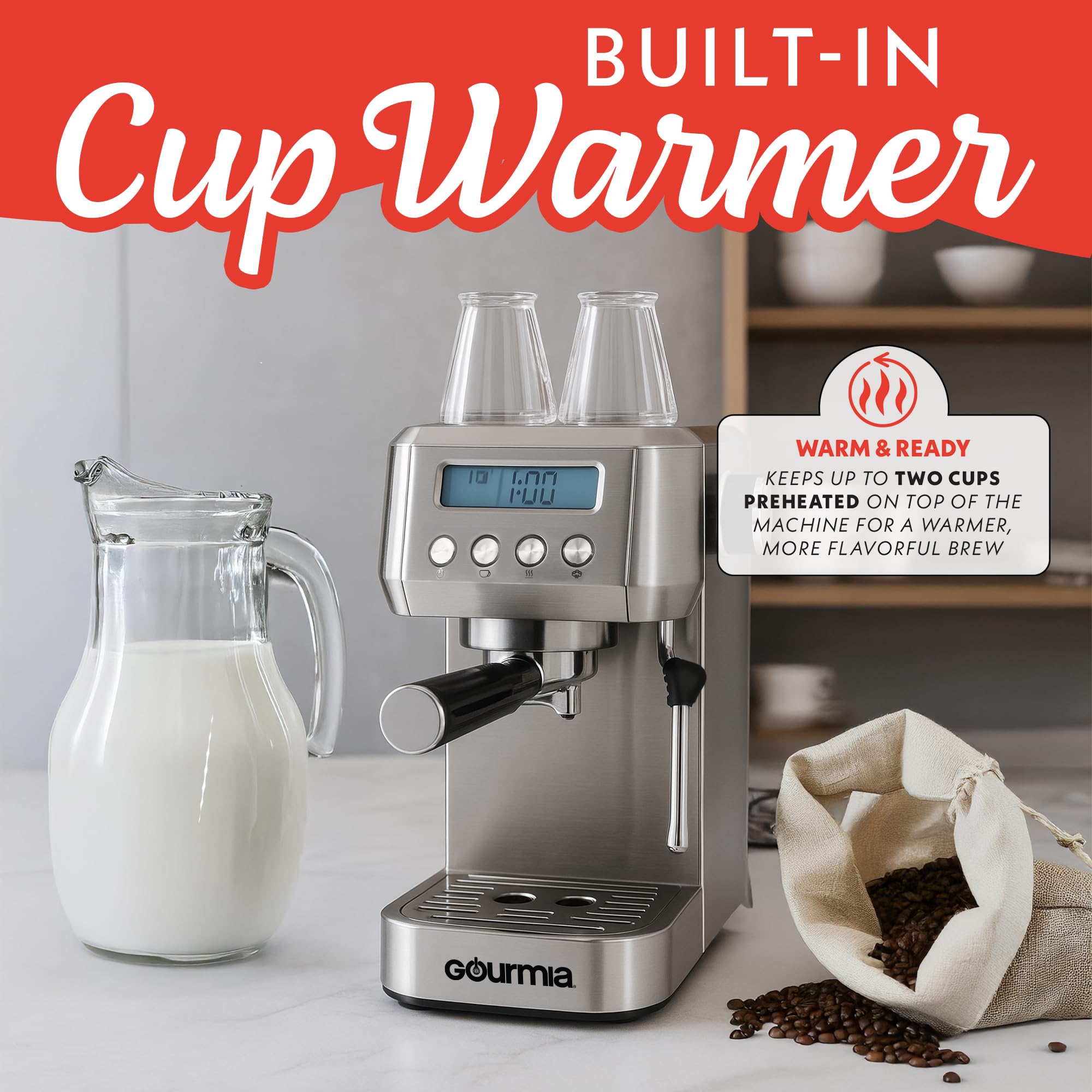 Gourmia Slim Espresso Machine with LCD Screen - Milk Frother, Adjustable Temperature, Manual & Auto Brew, Single/Double Shot, Hot Water Dispenser, Descaling Mode, Compact - Image 6