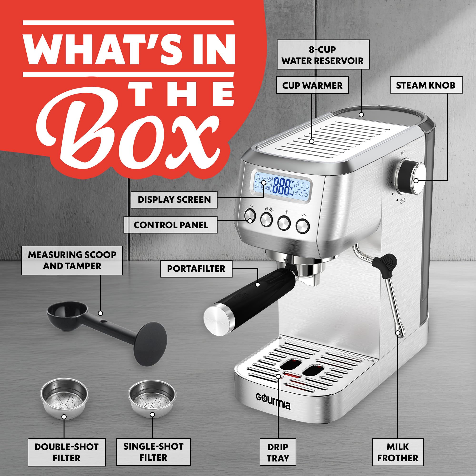 Gourmia Slim Espresso Machine with LCD Screen - Milk Frother, Adjustable Temperature, Manual & Auto Brew, Single/Double Shot, Hot Water Dispenser, Descaling Mode, Compact - Image 7