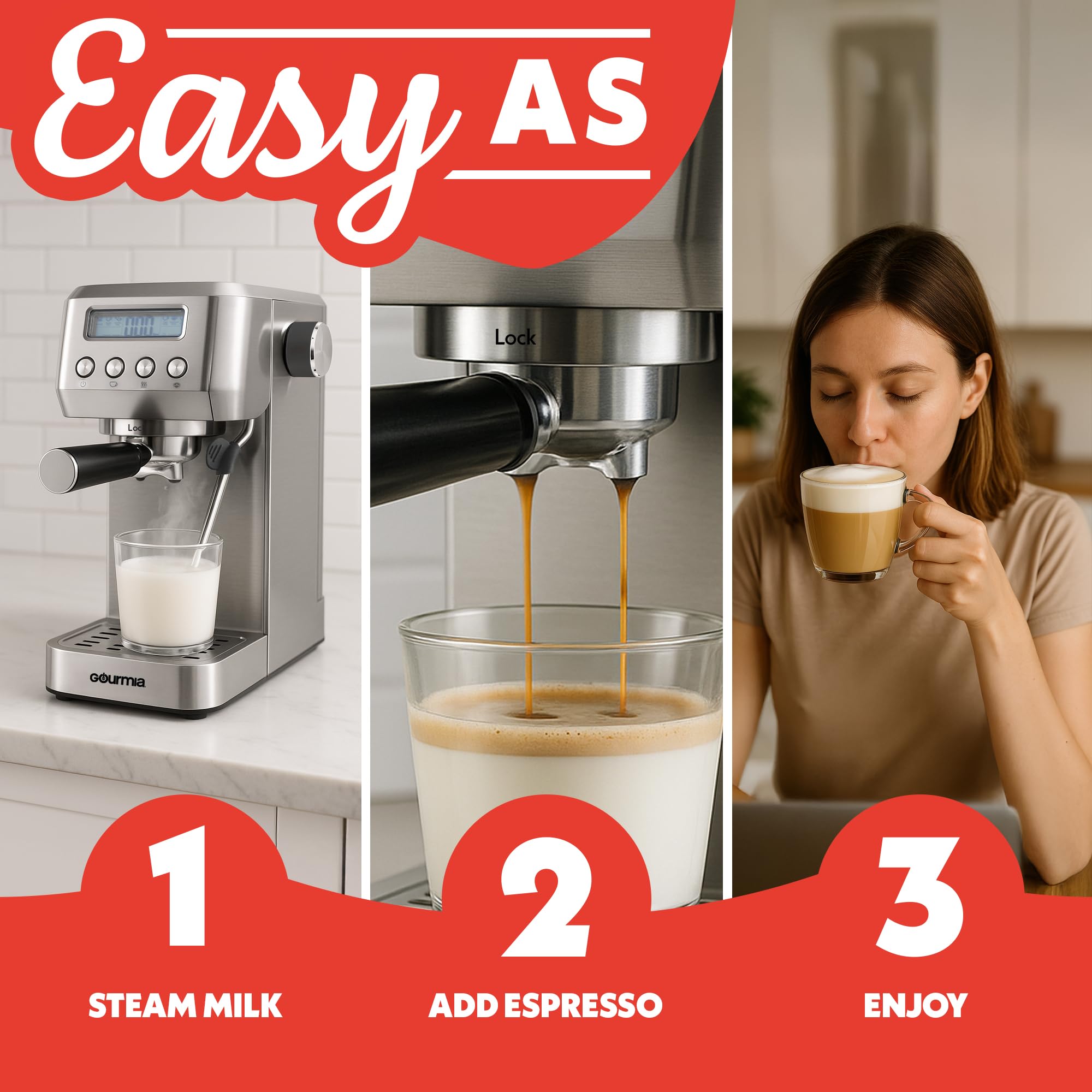 Gourmia Slim Espresso Machine with LCD Screen - Milk Frother, Adjustable Temperature, Manual & Auto Brew, Single/Double Shot, Hot Water Dispenser, Descaling Mode, Compact - Image 9