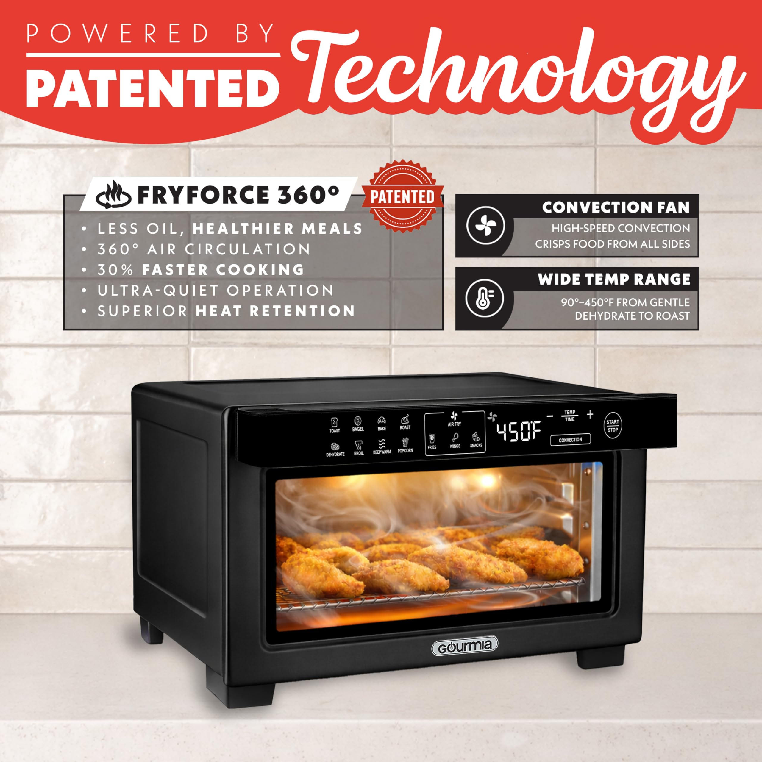 Gourmia Toaster Oven Digital Air Fryer - Convection Mode with 4 Slice Capacity, 3 Rack Positions, 12 Presets, Toast, Bagel, Bake, Roast, Broil, Dehydrate, Popcorn, Fits 9" Pizza, Black - Image 3