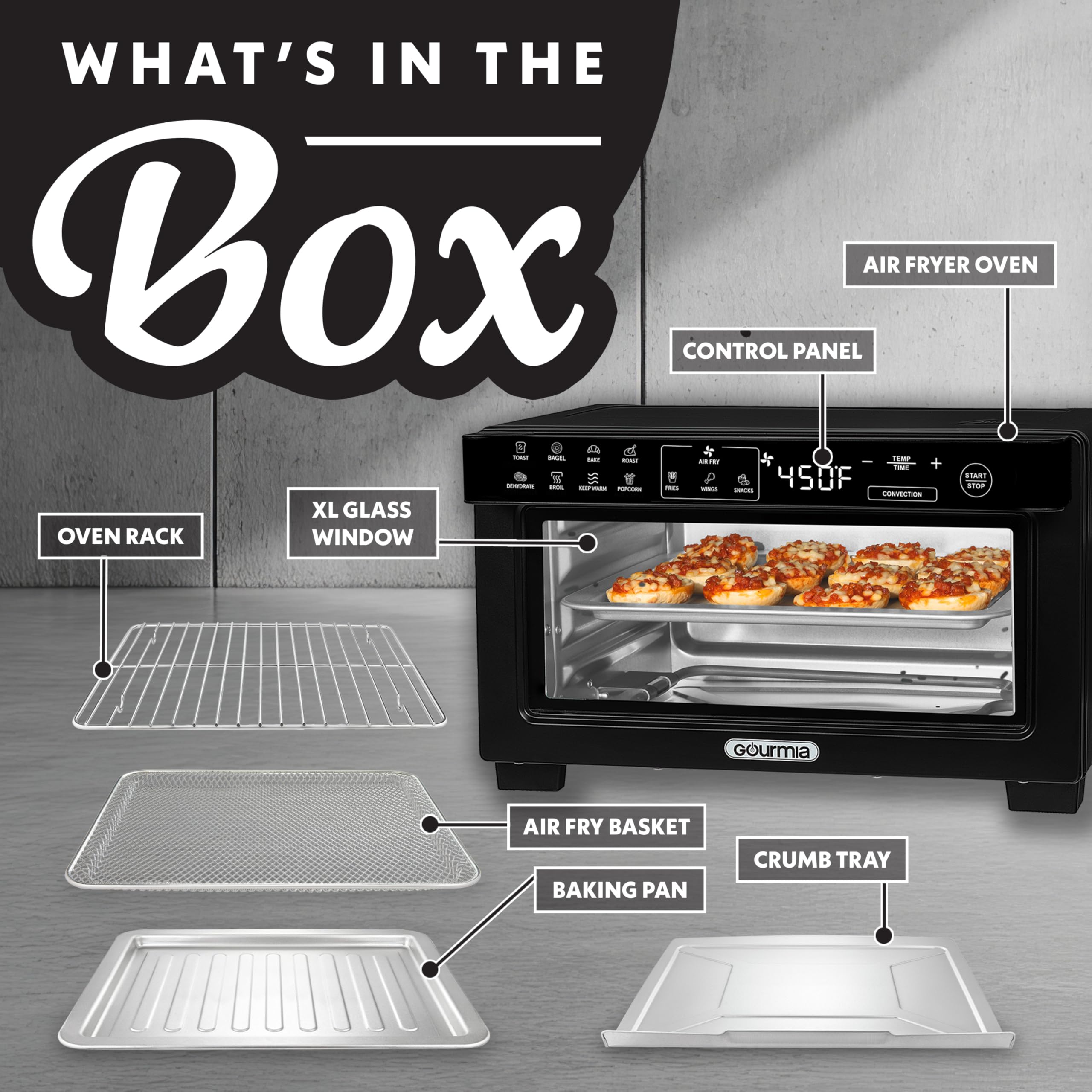 Gourmia Toaster Oven Digital Air Fryer - Convection Mode with 4 Slice Capacity, 3 Rack Positions, 12 Presets, Toast, Bagel, Bake, Roast, Broil, Dehydrate, Popcorn, Fits 9" Pizza, Black - Image 4