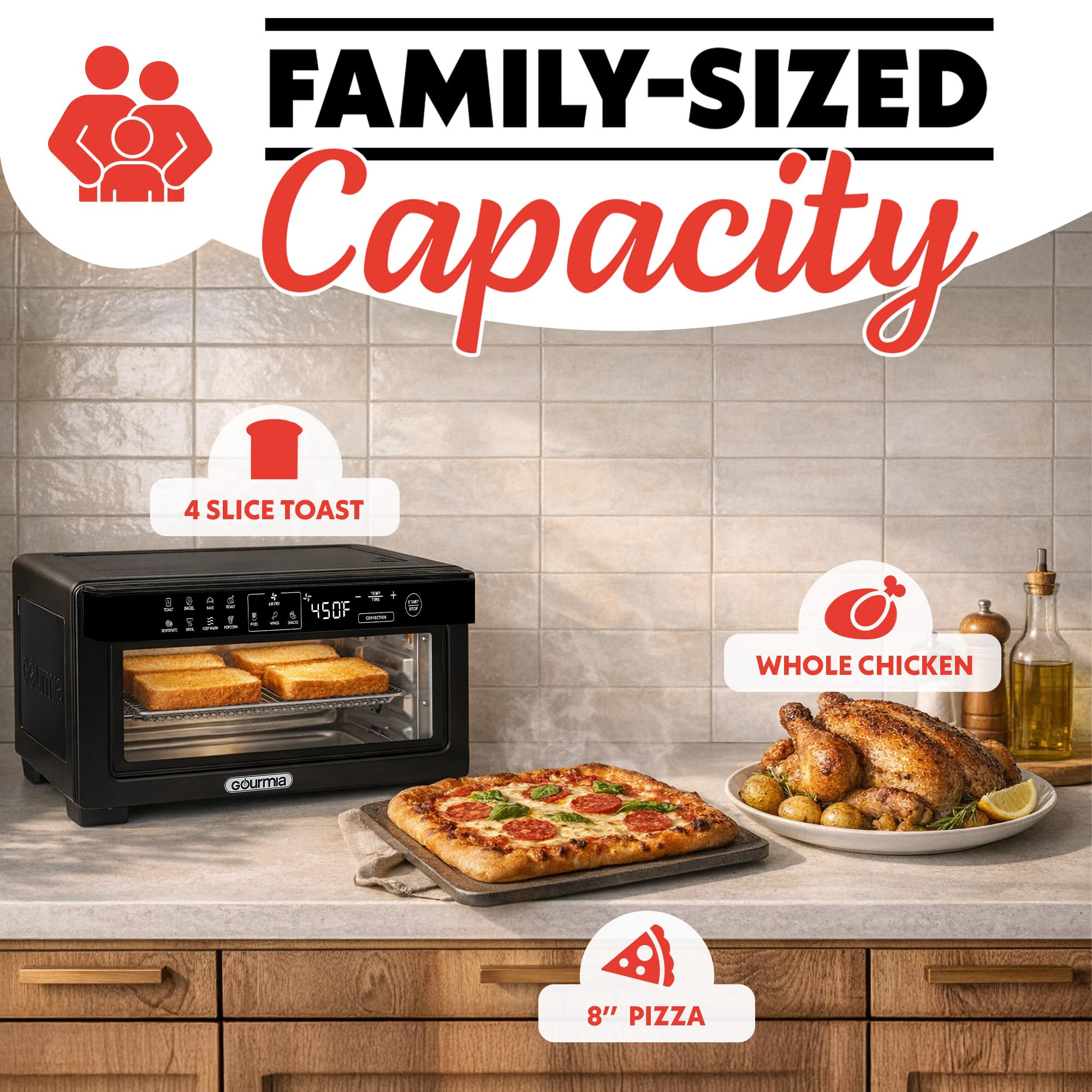 Gourmia Toaster Oven Digital Air Fryer - Convection Mode with 4 Slice Capacity, 3 Rack Positions, 12 Presets, Toast, Bagel, Bake, Roast, Broil, Dehydrate, Popcorn, Fits 9" Pizza, Black - Image 5