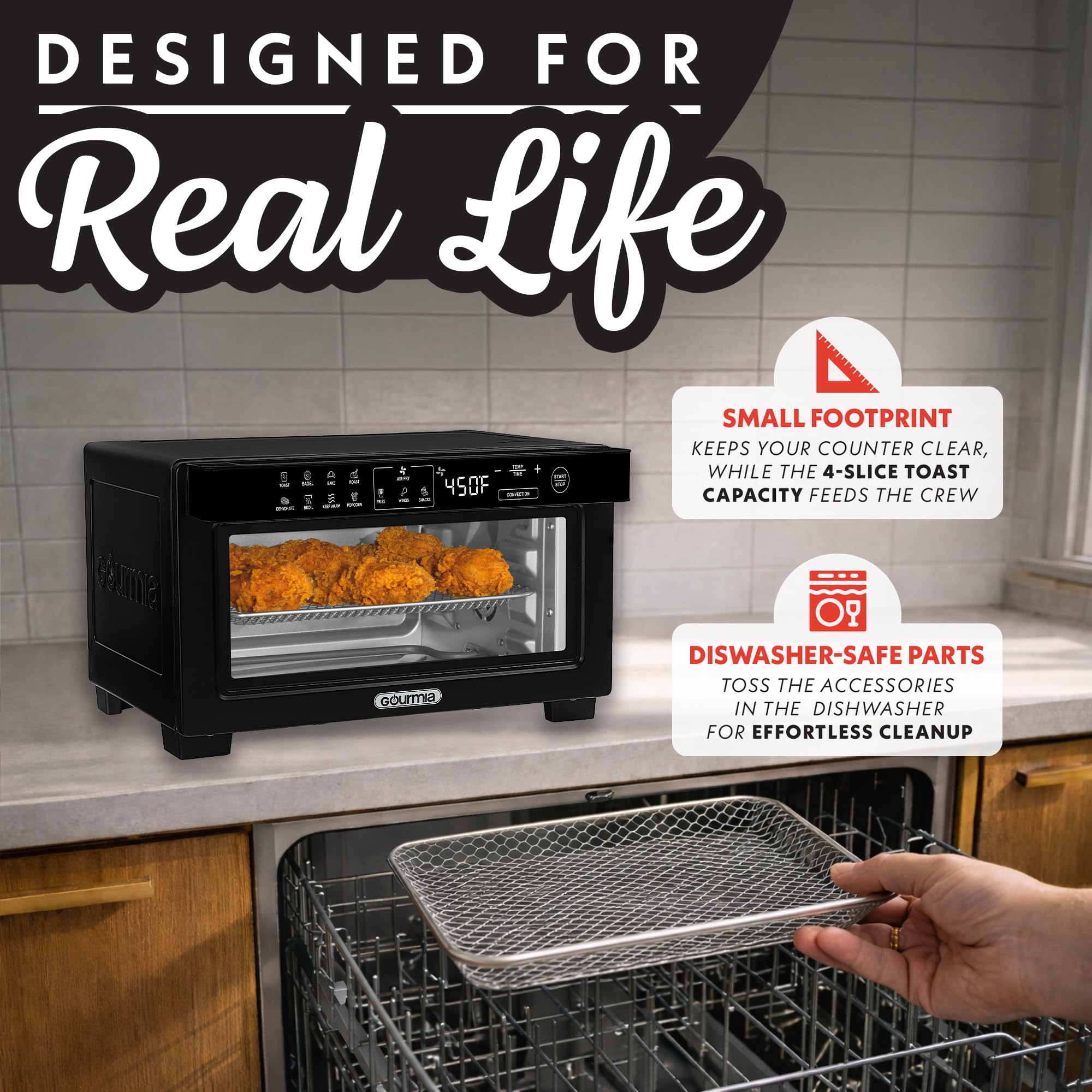 Gourmia Toaster Oven Digital Air Fryer - Convection Mode with 4 Slice Capacity, 3 Rack Positions, 12 Presets, Toast, Bagel, Bake, Roast, Broil, Dehydrate, Popcorn, Fits 9" Pizza, Black - Image 6