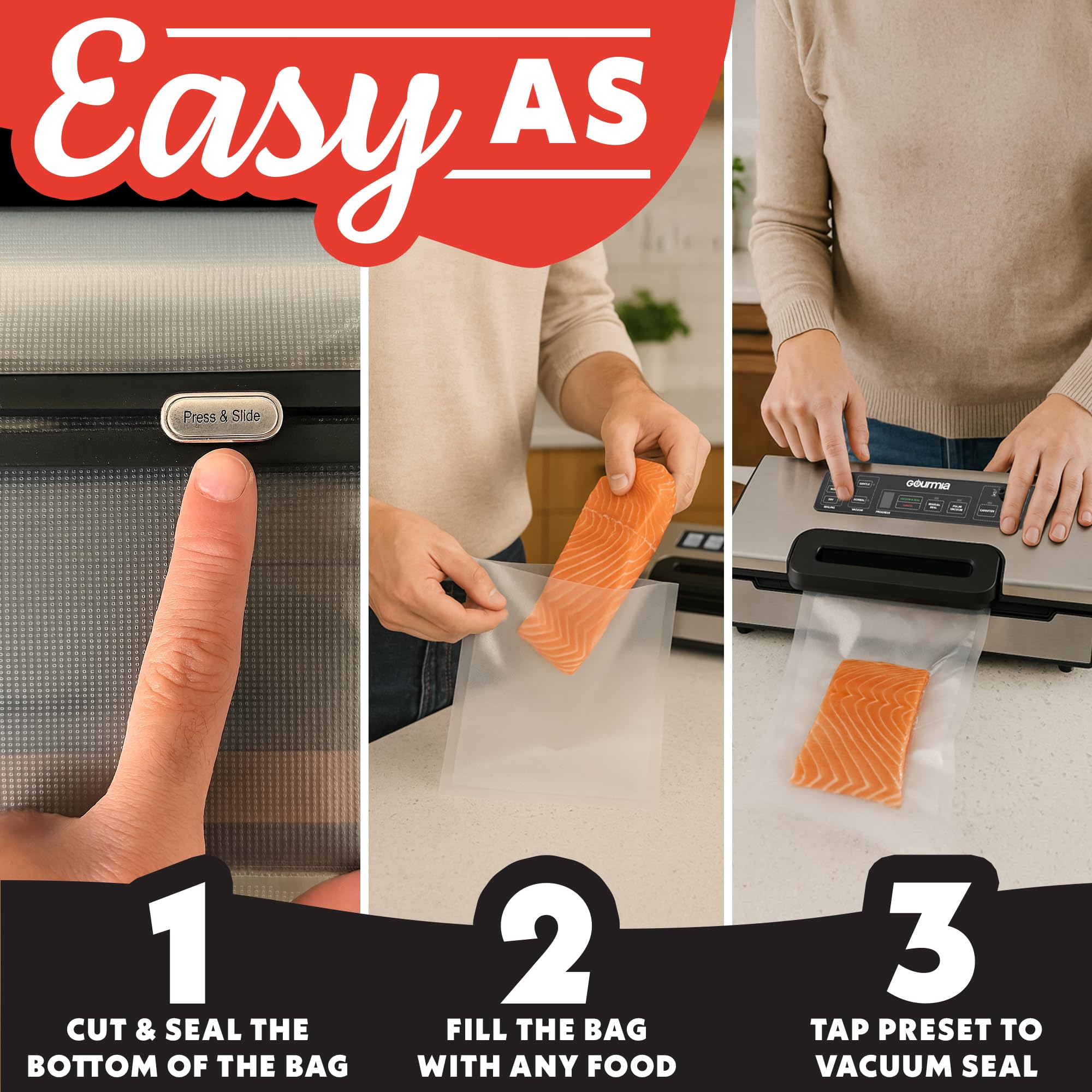 Gourmia Vacuum Sealer – Food Preservation System with Marinate Mode and Vacuum Hose, Pulse Control, LED Display, Built-In Cutter, Gentle & Normal Vacuum Options, Stainless Steel - Image 3