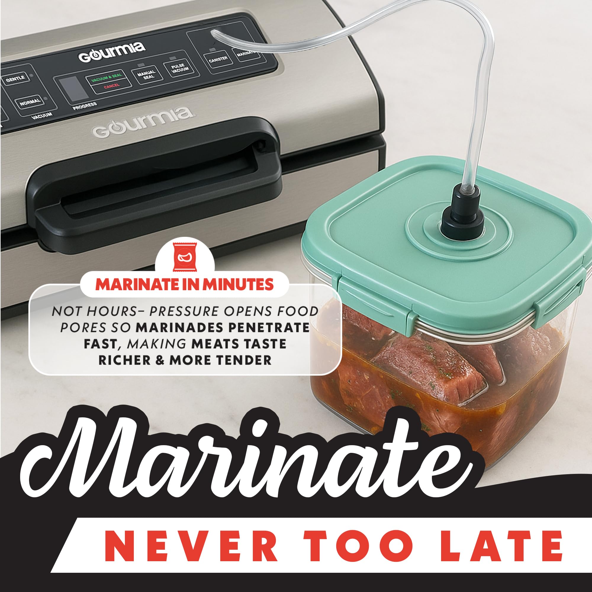Gourmia Vacuum Sealer – Food Preservation System with Marinate Mode and Vacuum Hose, Pulse Control, LED Display, Built-In Cutter, Gentle & Normal Vacuum Options, Stainless Steel - Image 4