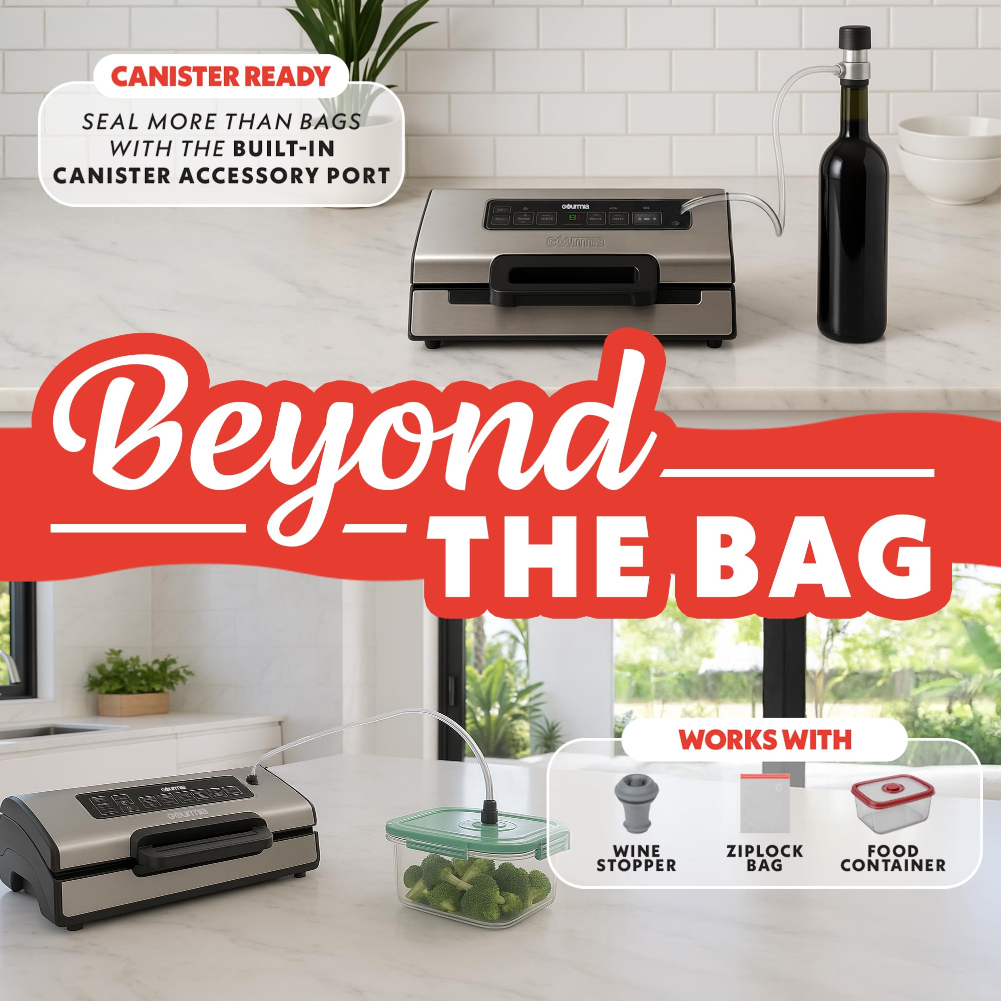 Gourmia Vacuum Sealer – Food Preservation System with Marinate Mode and Vacuum Hose, Pulse Control, LED Display, Built-In Cutter, Gentle & Normal Vacuum Options, Stainless Steel - Image 5