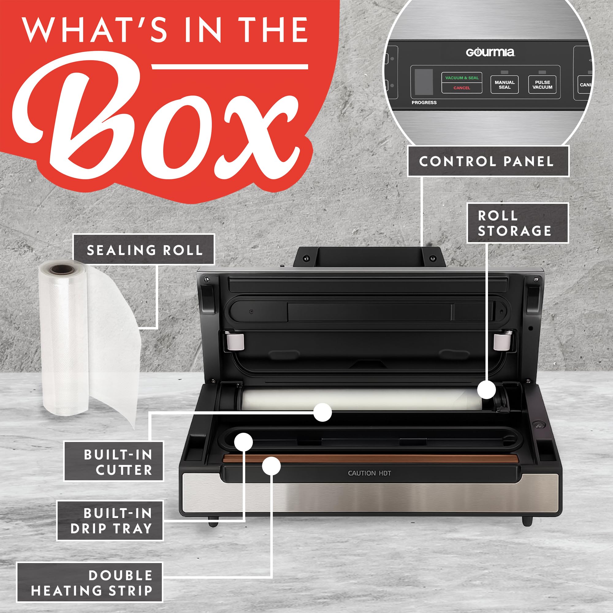 Gourmia Vacuum Sealer – Food Preservation System with Marinate Mode and Vacuum Hose, Pulse Control, LED Display, Built-In Cutter, Gentle & Normal Vacuum Options, Stainless Steel - Image 7