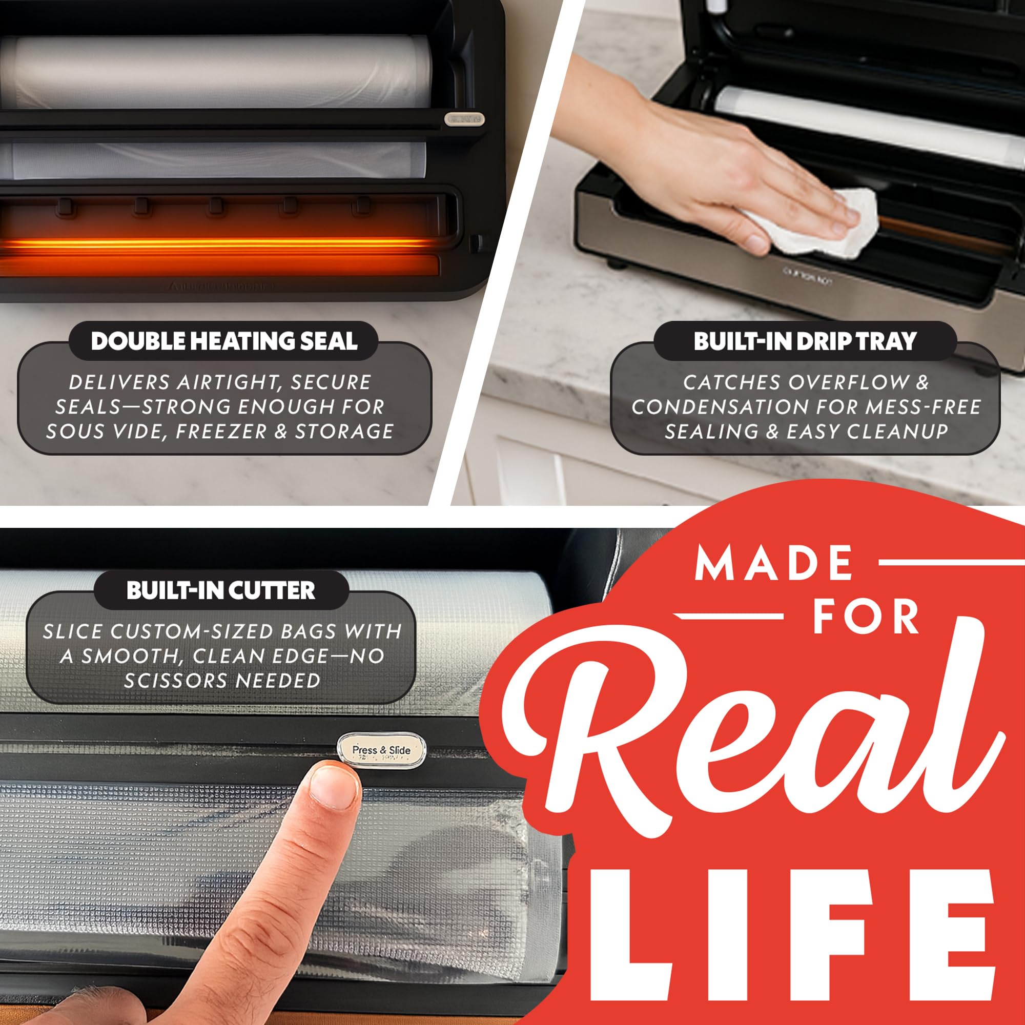 Gourmia Vacuum Sealer – Food Preservation System with Marinate Mode and Vacuum Hose, Pulse Control, LED Display, Built-In Cutter, Gentle & Normal Vacuum Options, Stainless Steel - Image 8